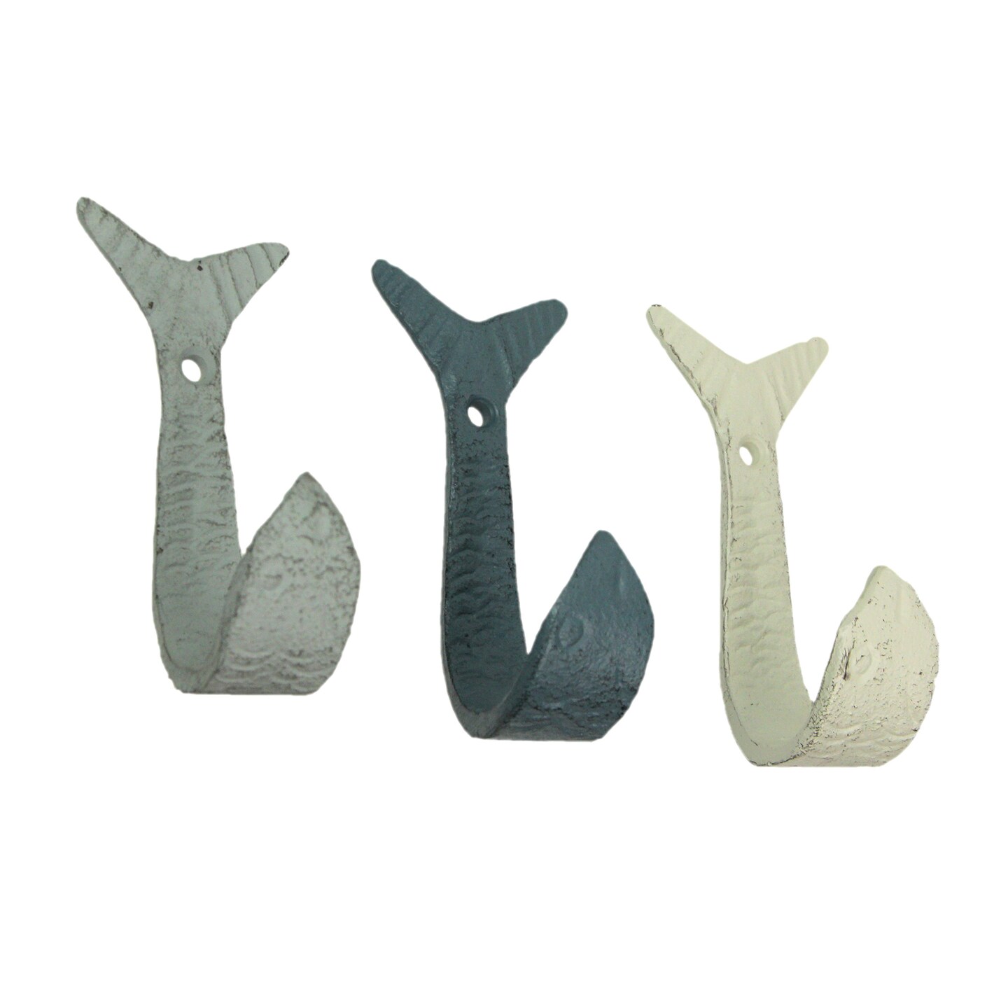 Set of 3 Flipping Fish Wall Hooks - 4" - Blue, Gray, White - Coastal Decor