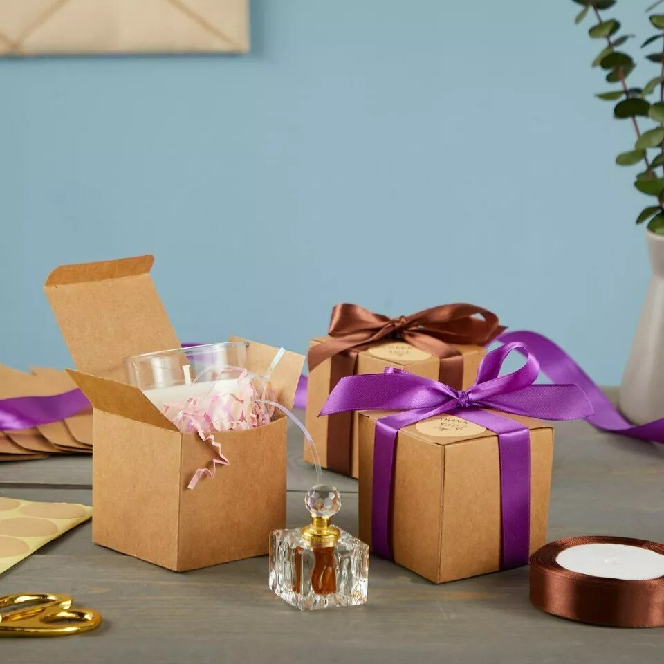 50 Pack Kraft Brown Paper Gift Boxes, Bulk Set with Ribbon and Stickers, 3x3x3&#x22;