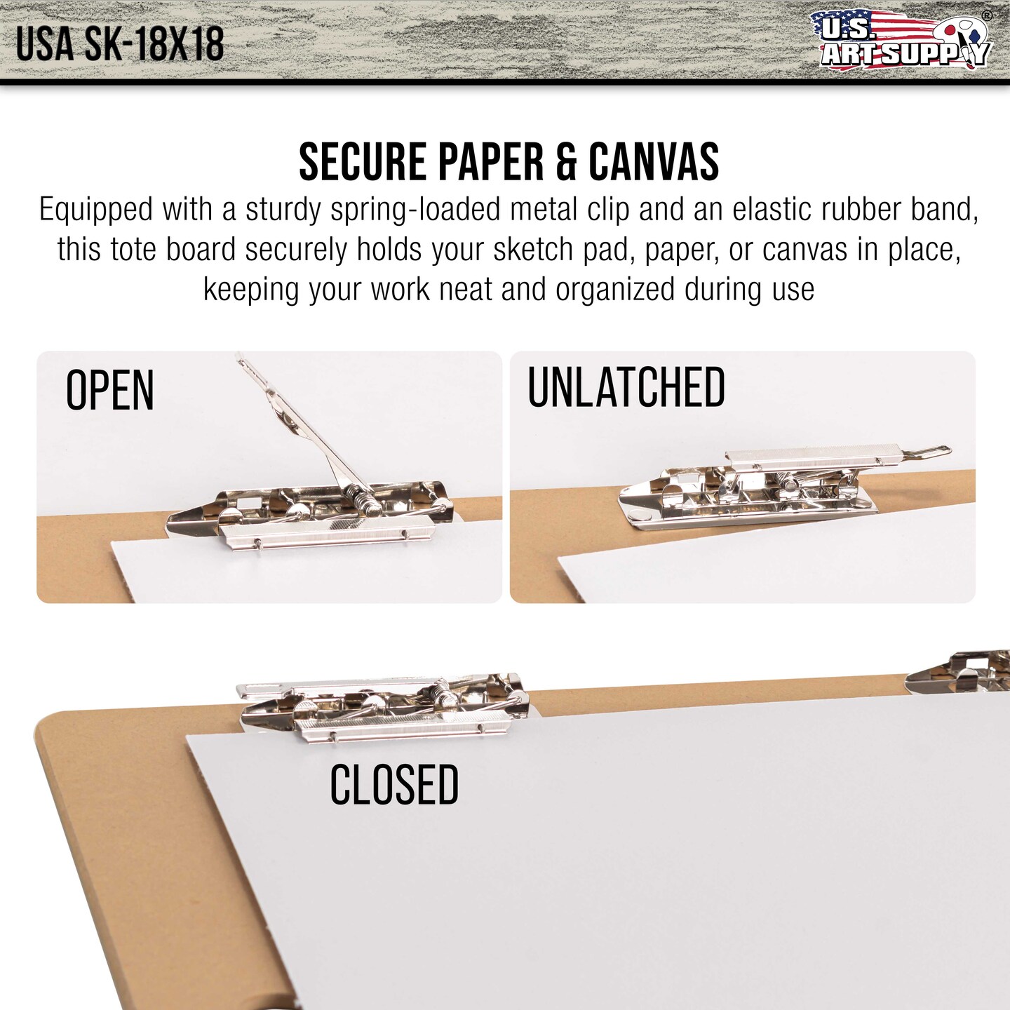 18&#x22; x 18&#x22; Artist Sketch Tote Board - Lightweight Hardboard Drawing Board with Handle, Clip &#x26; Rubber Band for Art, Sketching, Travel, Studio