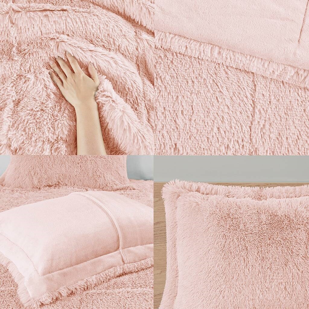 Pink Blush Shaggy Faux Fur Comforter Set Soft Plush Reversible Bedding with Down Alternative Fill