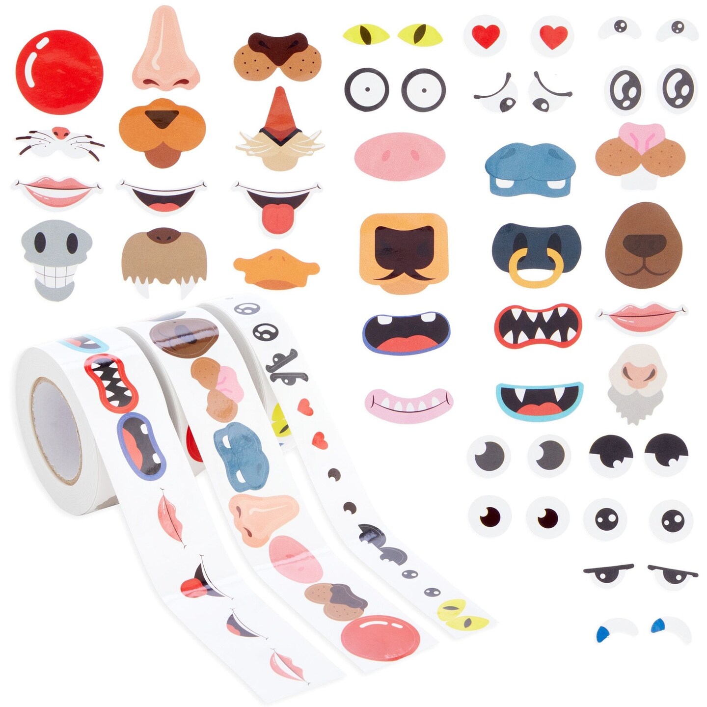 1500 Pack of Face Stickers for Kids, Silly Eyes, Nose, and Mouth for Crafts (3 Rolls)