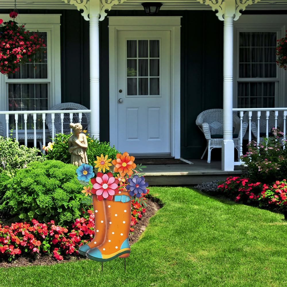 Garden Decor for Outside, 26&#x201D; Decorative Garden Stakes Metal Boot with Flowers for Spring Decor, Yard Art Stakes for Outdoor Lawn Backyard Porch Pathway Garden Decorations