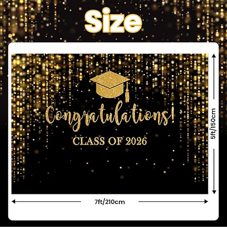 Class of 2026 Graduation Backdrop - Black and Gold Glitter Bokeh Photo Background - 7x5ft Congrats Grad Banner for Prom, Cake Table Decor, and Party Photo Booth Props