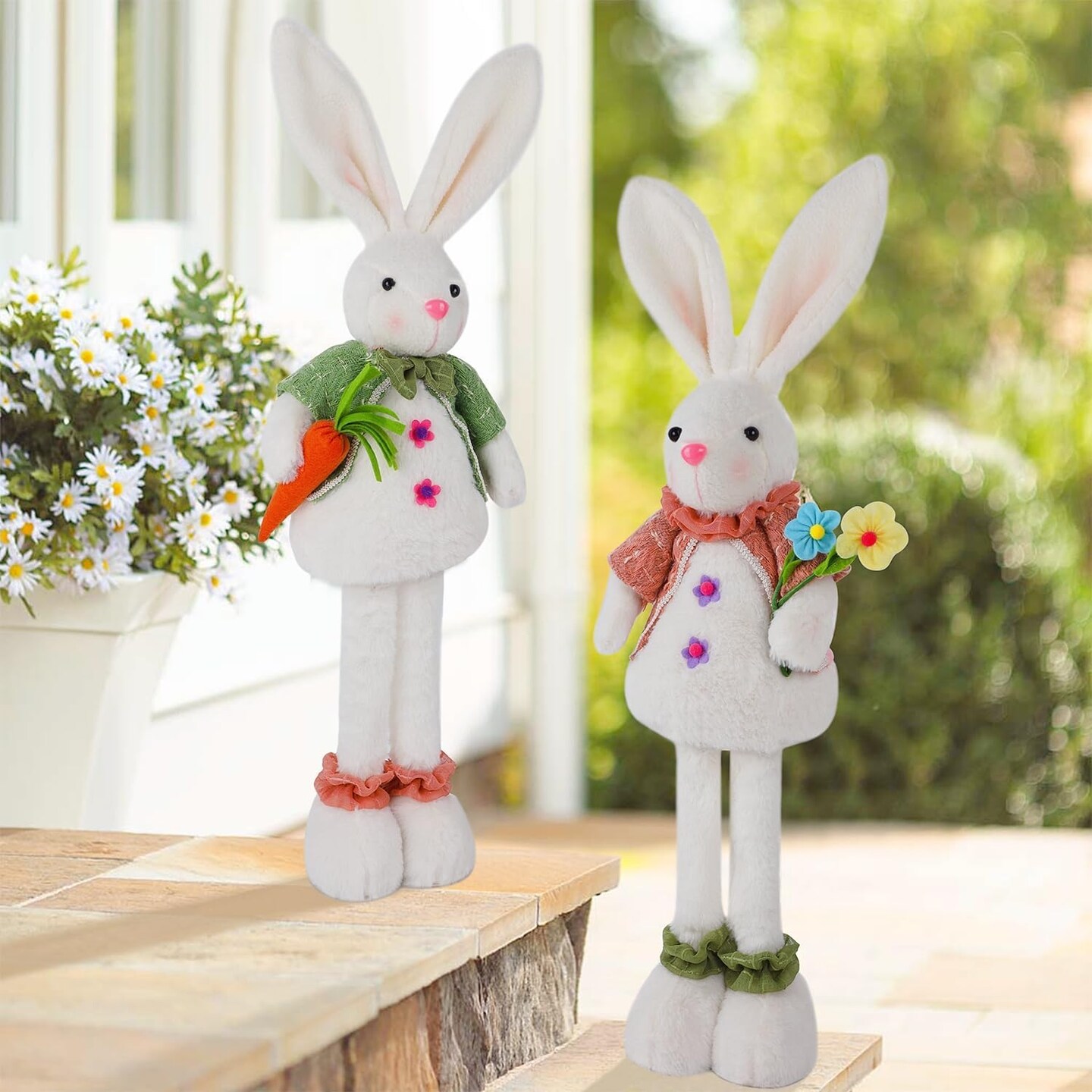 2 Pack Easter Standing Bunny with Stretchable Legs, 18&#x22; to 25&#x22; Plush Rabbits Couple Figurine, Cute Party Favor Photo Props Gifts for Office Kitchen Farmhouse Front Door Spring Home Decor