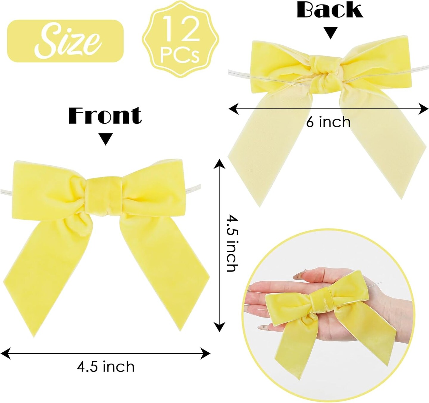 Yellow Velvet Bows 4.5&#x22; Yellow Velvet Easter Bows Premade Bows Yellow Twist Tie Bows for Wreaths, Gift Basket, Spring Holiday Decor, Gift Wrapping, Swag, Baby Shower Decoration - 12 PCs