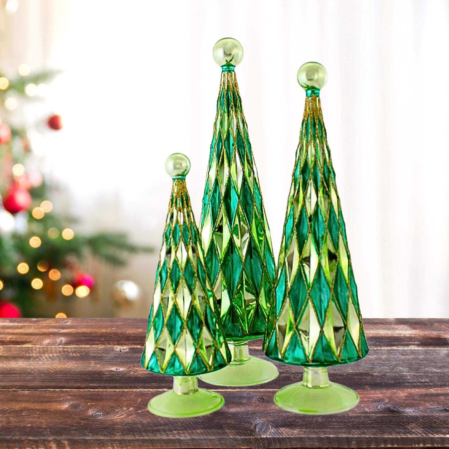 Cody Foster 14.5 Inch Diamond Trees Green Mint Christmas Decorative Tree Set , Christmas Decor Mid Century Style Reflective