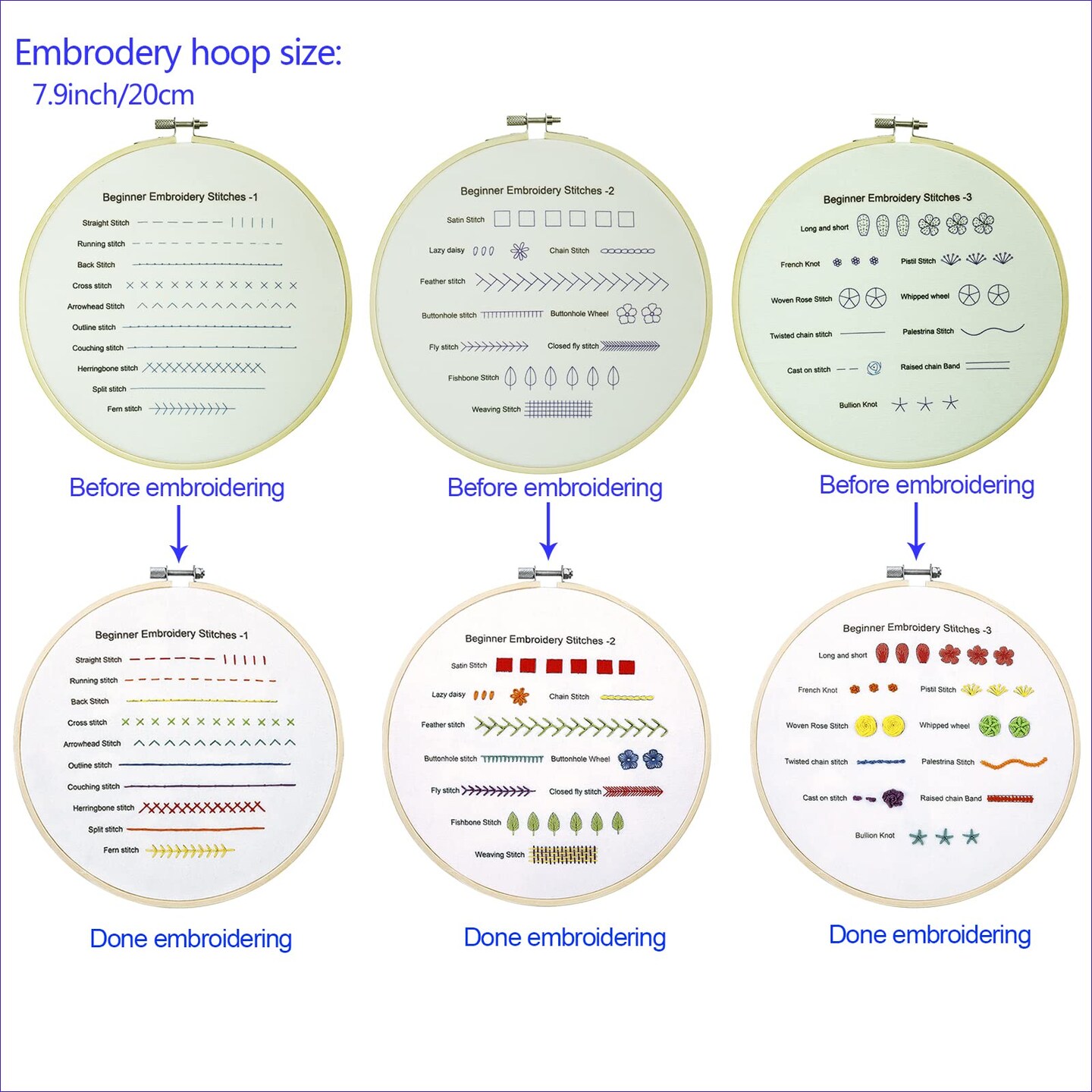 Beginners Embroidery Practice kit 3 Sets to Learn 30 Different Stitches for Craft Lover Hand Stitch with Embroidery Fabric with Skill Techniques