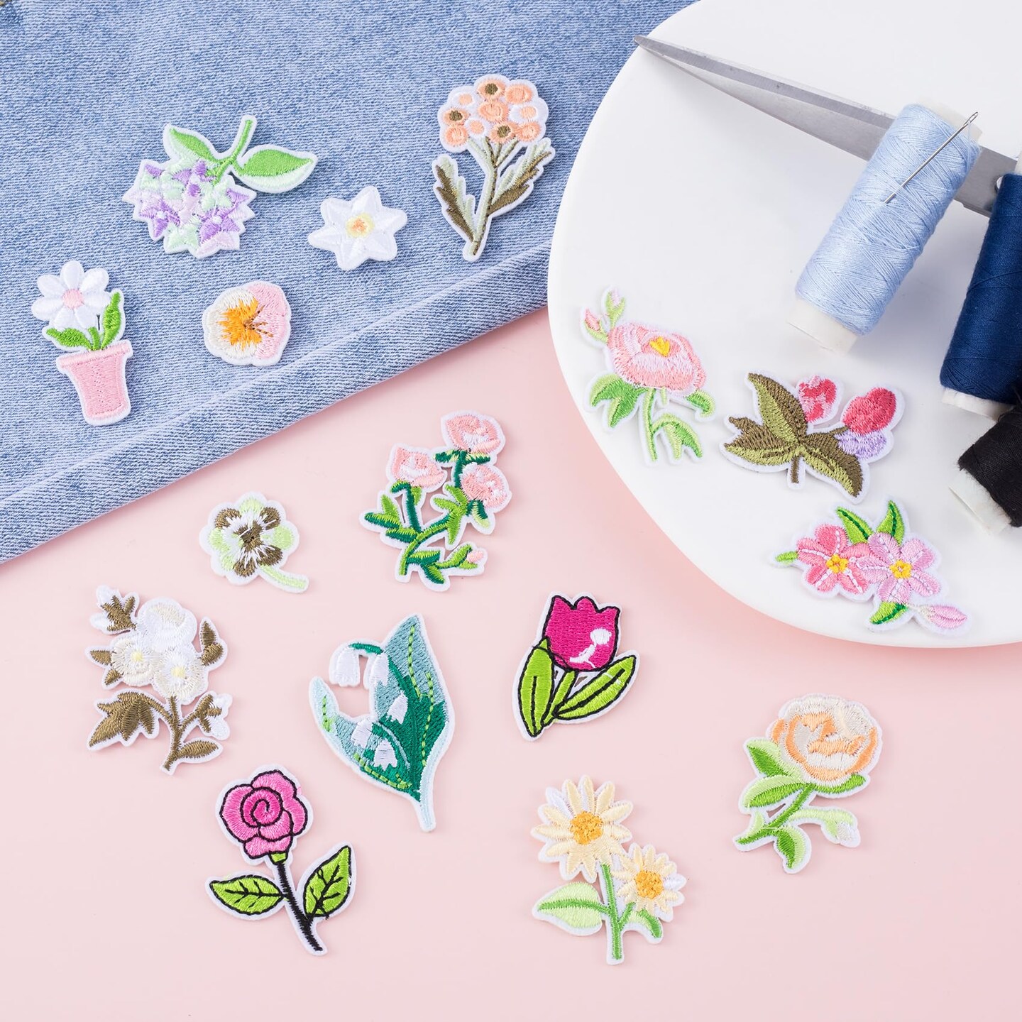 20pcs Mini Flower Iron On Patches 17 Patterns Decorative Embroidered Patches Floral Sewing Appliques Valentines Wedding for Jeans, Clothing, Jacket, Hat, Backpacks, Pants, Bouquet
