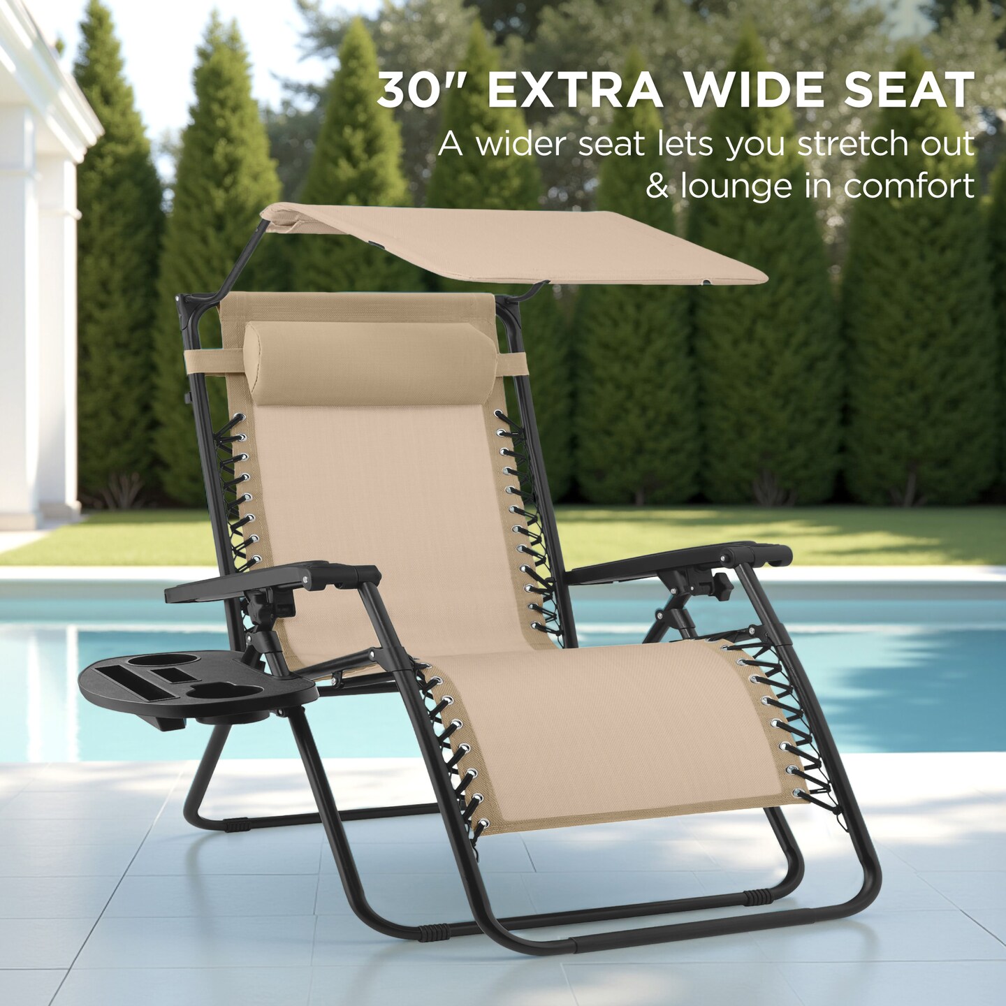 Best Choice Products 30” Extra Wide Folding Zero Gravity Patio Lounge Chair w/Adjustable Canopy Shade