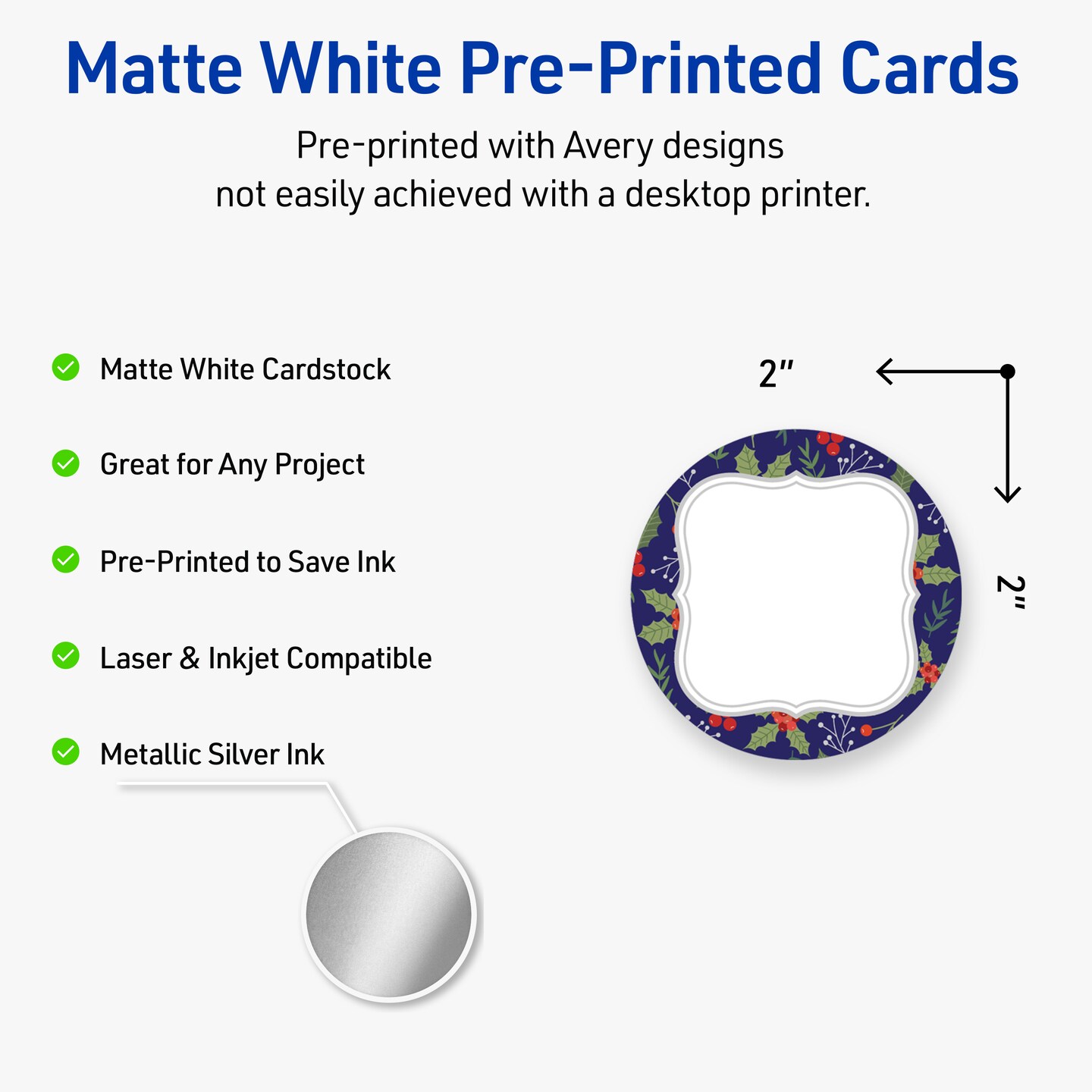 Avery Printable Business Cards with Sure Feed Technology, Round, 2" Diameter, Pre-Printed Navy Border with Silver Metallic Frame Design, Matte White, Laser & Inkjet Compatible, 120 Total