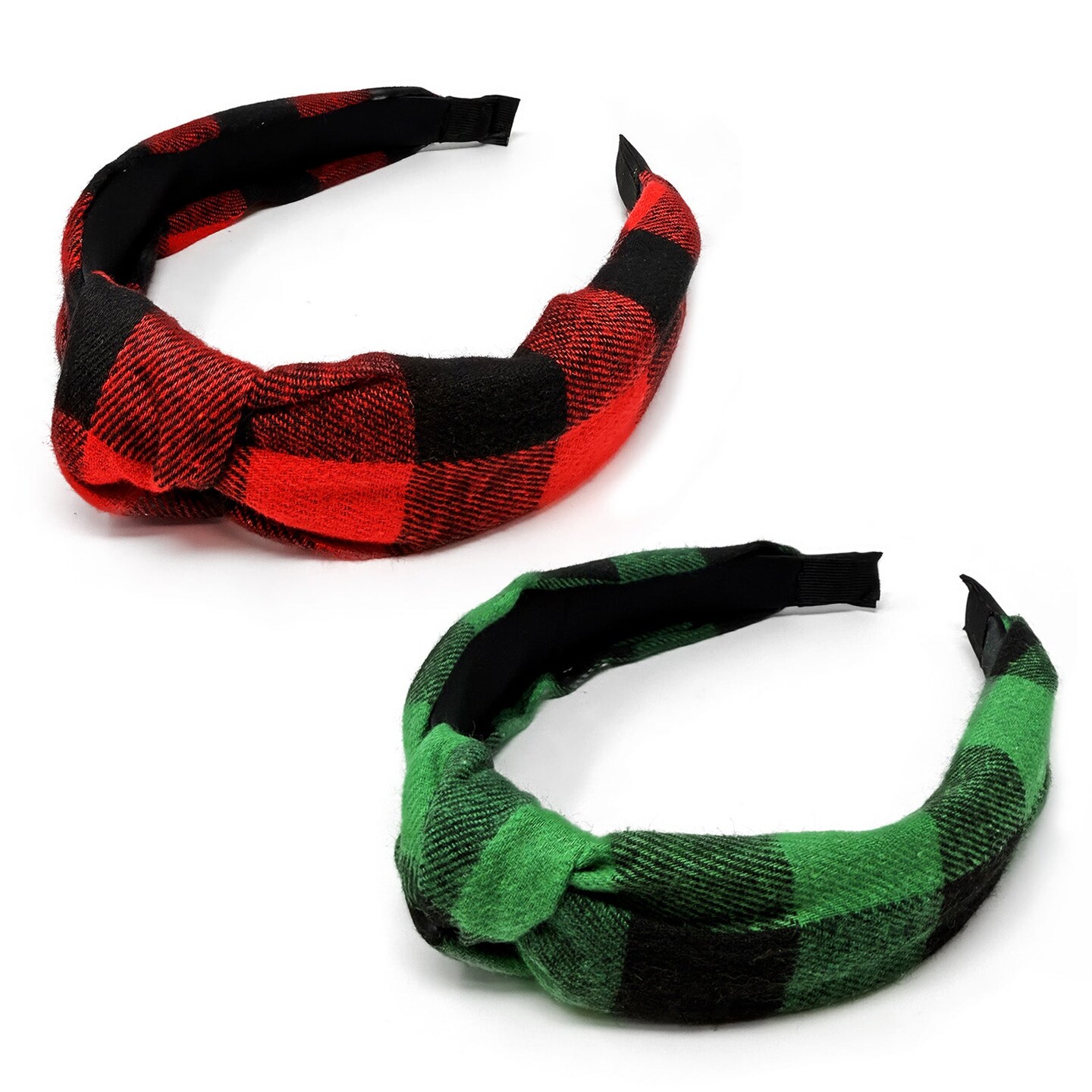 Wrapables Wide Knotted Christmas Headbands for Women, Plaid Holiday Hair Accessories, 2pc Red/Green