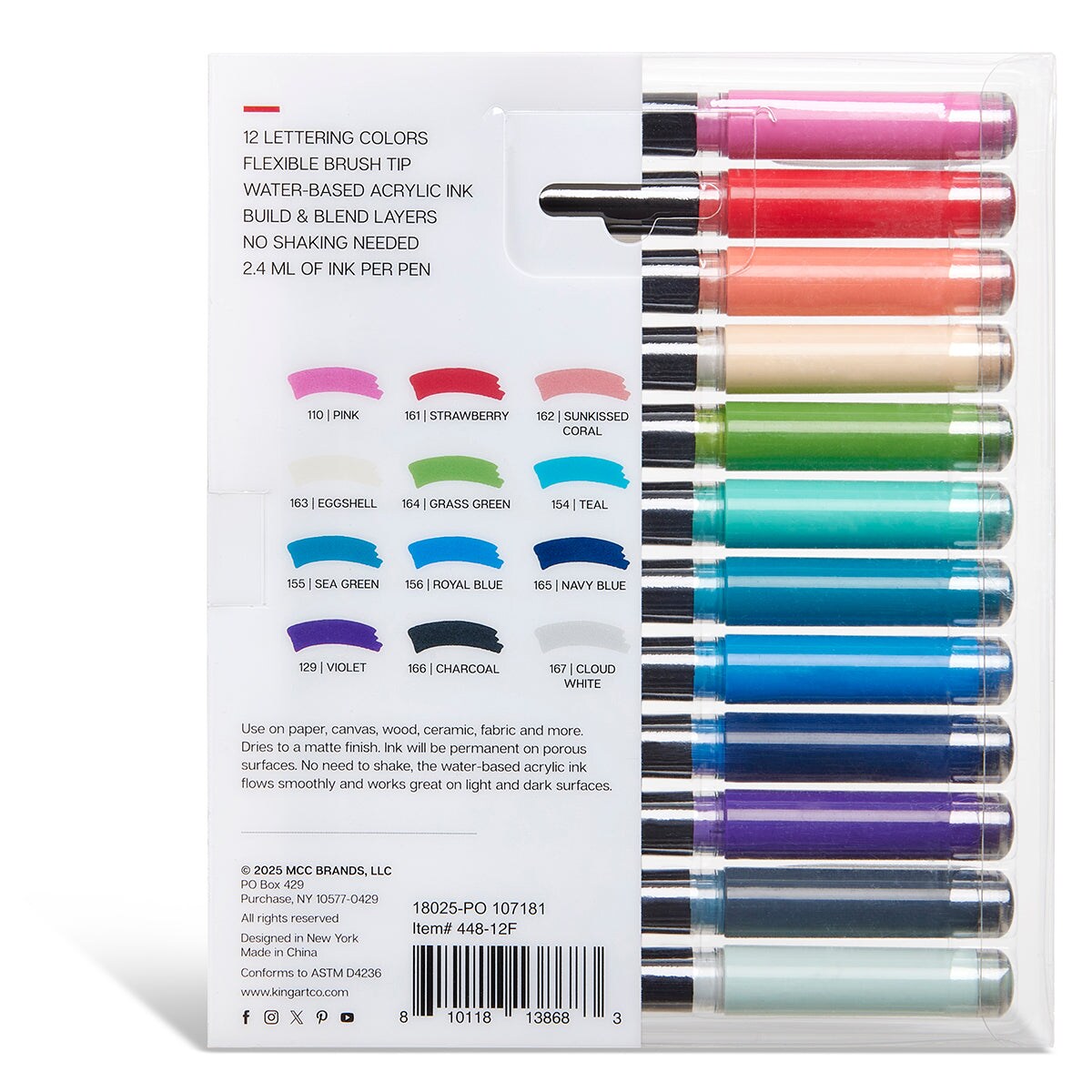 KINGART&#xAE; Acrylic Brush Tip Pens 12 Lettering Colors