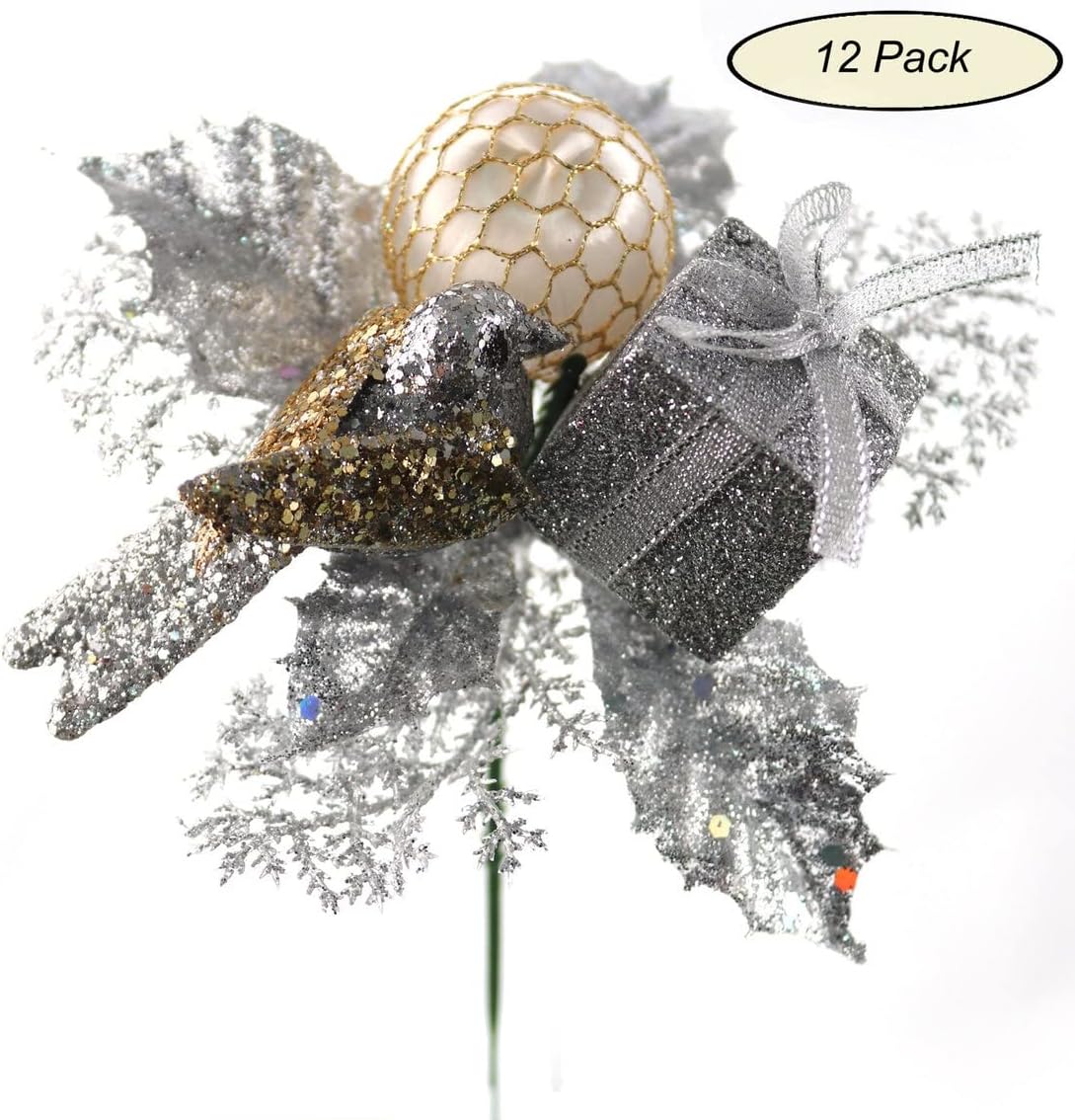 Set of 12: Traditional Silver Glitter Picks with Gift Box, Dove Bird, & Ornament Ball | Festive Holiday Decor | Trees, Wreaths, & Garlands | Christmas Picks | Home & Office Decor - 2024 Christmas Collection, Floral Home by Artificial Flowers