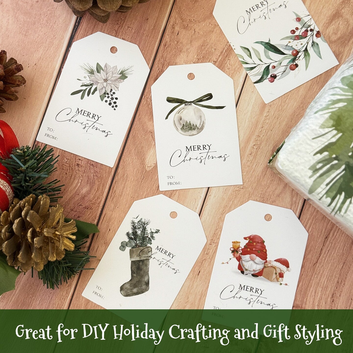 Wrapables Joyful Merry Christmas Holiday Gift Tags with Jute String for Gift-Wrapping, Labeling, Package Decoration (100pcs)