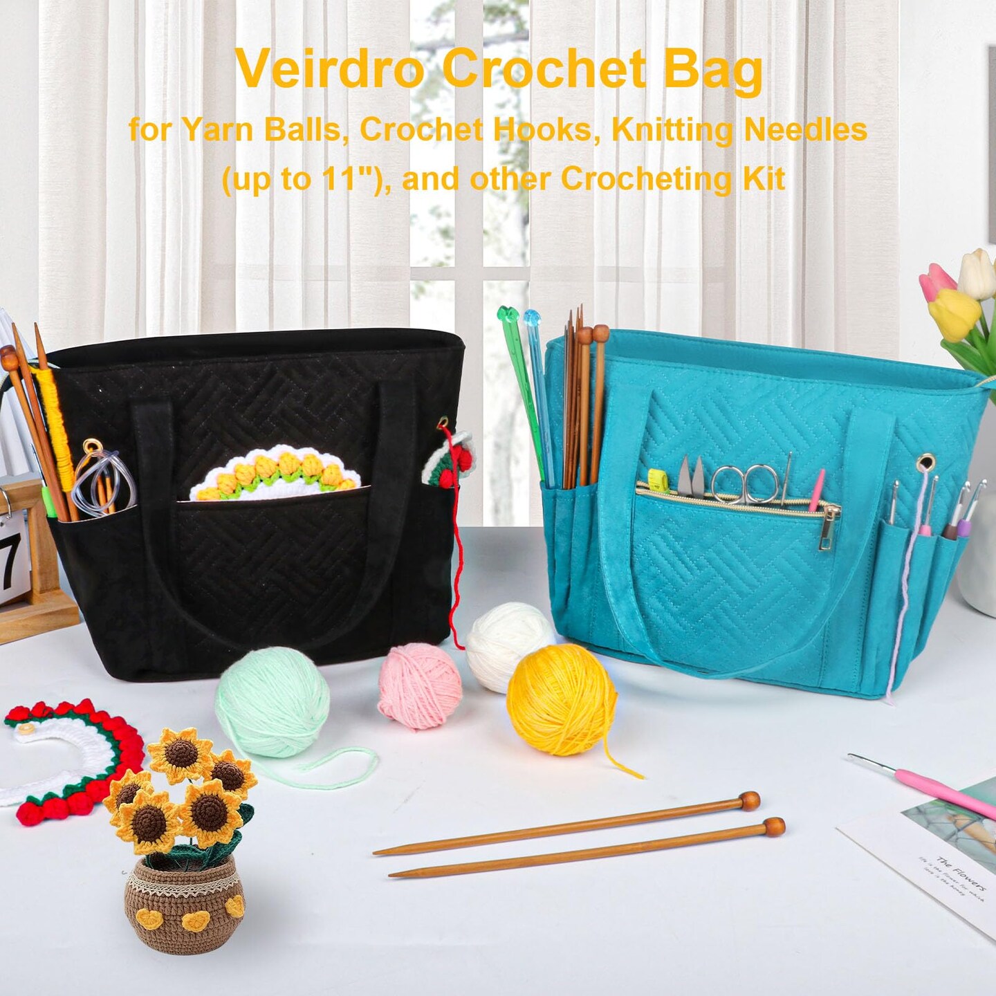 Crochet Bag Organizer for Yarn Storage, Velvet Knitting Tote Bag with Double Handle for Crochet Accessories, Portable Travel Case for Yarn Balls, Crochet Hooks&#x26; Knitting Needles Holder (Black)
