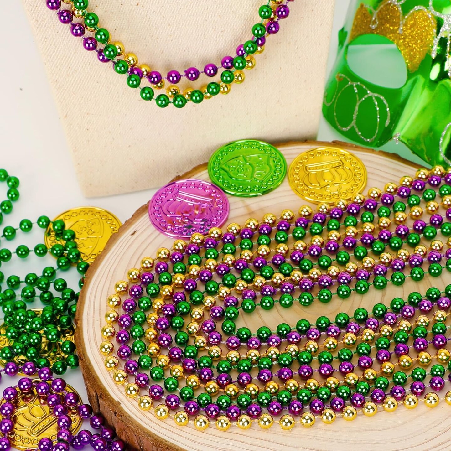 120PCS Mardi Gras Beads, 33&#x22; Beaded Necklace, Purple Gold Green Mardi Gras Accessories, Party Costume Necklaces Parade Throws Women Men Beads Bulk for Party Event Favors Supplies Decorations