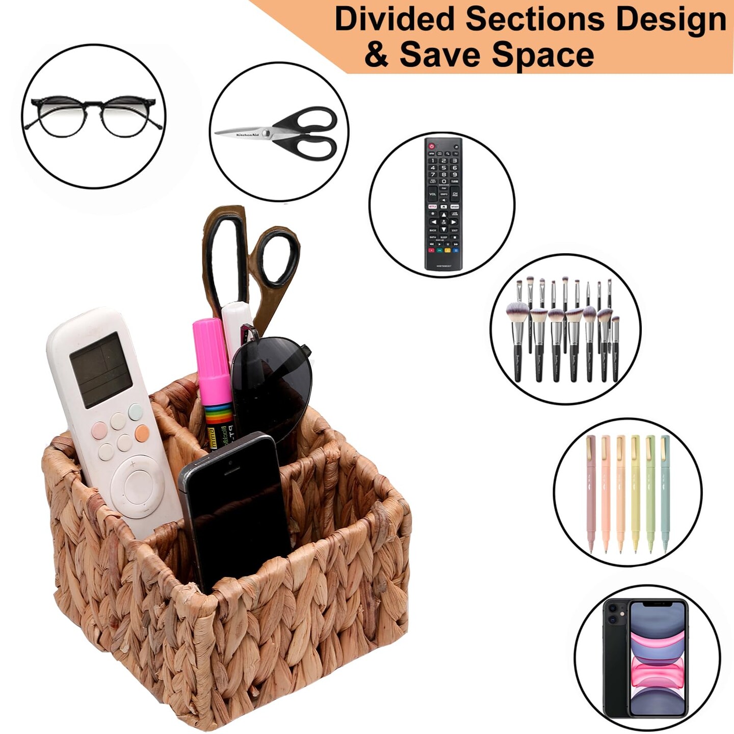 Remote Control Holder Wicker Desk Organizer Divided Storage Basket,Hand Woven Cosmetic Storage Box with 3 Compartments,Water Hyacinth Remote Control Basket for Desktop Organizing