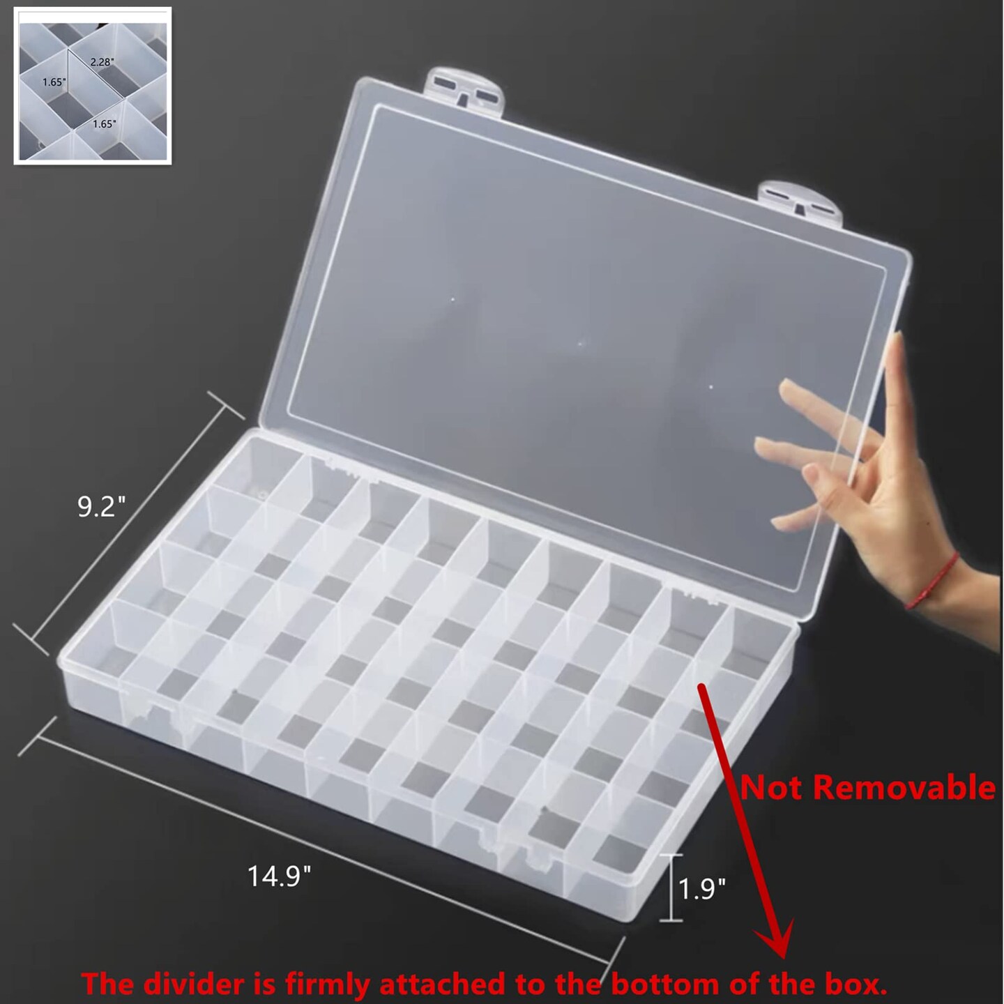 1 PCS 36 Grids Large Plastic Organizer Box with Dividers, Compartment Organizer Box for Nail Accessories/Screw/Sewing Arts and Oil Paint, Bead Storage Containers 14.9" x 9.2" x 1.9" (Clear)