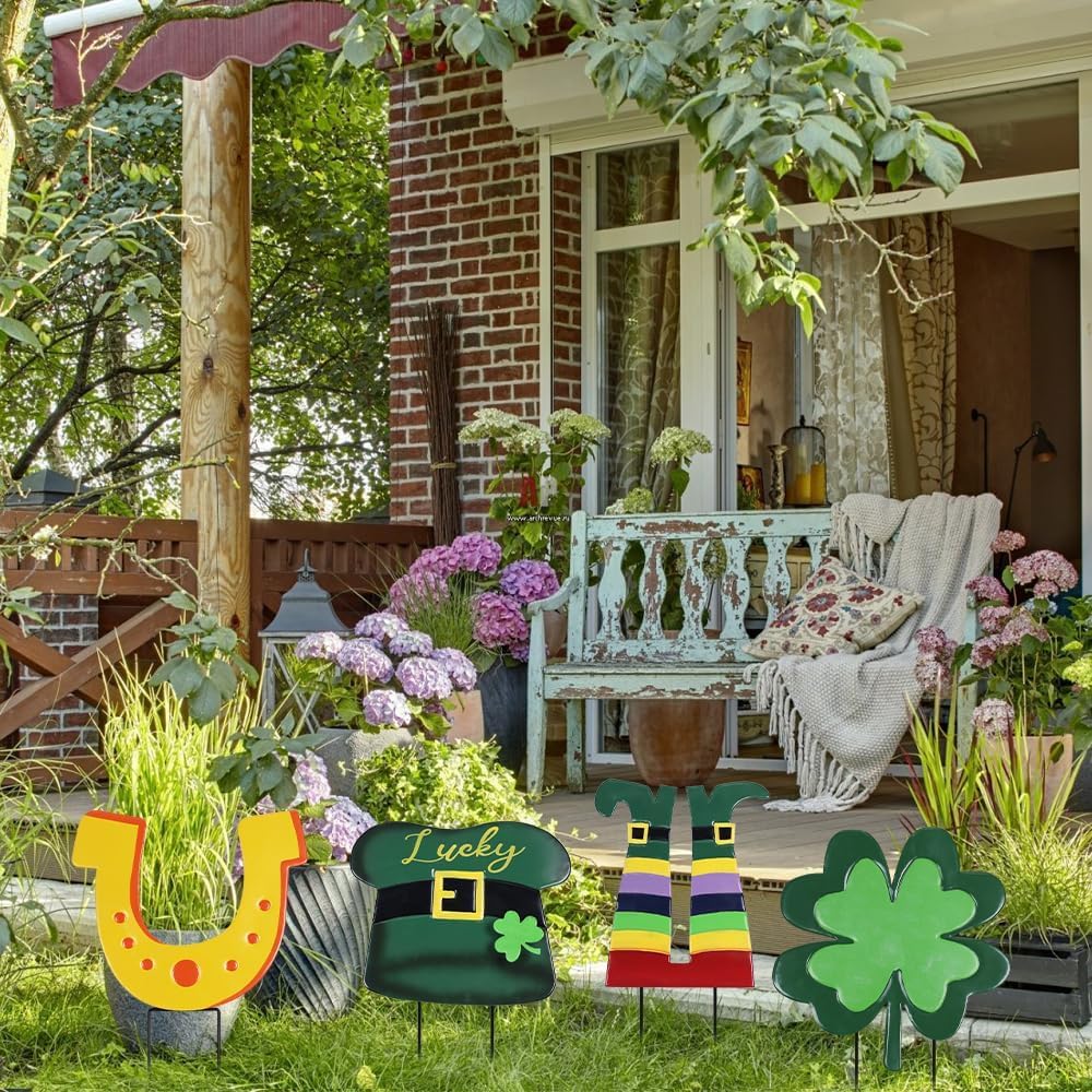 St Patricks Day Decorations Outdoor, 2PCS Shamrock and Leprechaun Legs Garden Stakes with Horseshoe for St. Patrick&#x27;s Day Decor, Metal Lucky Yard Sign for Home Front Porch Lawn Patio