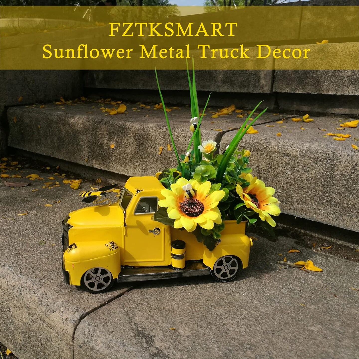 Metal Truck Decor with Sunflowers,Honey bee Decor,Fall Table Decor for Home Farmhouse,Vintage Pickup for Living Room Shelf Kitchen Table Centerpieces,Yellow