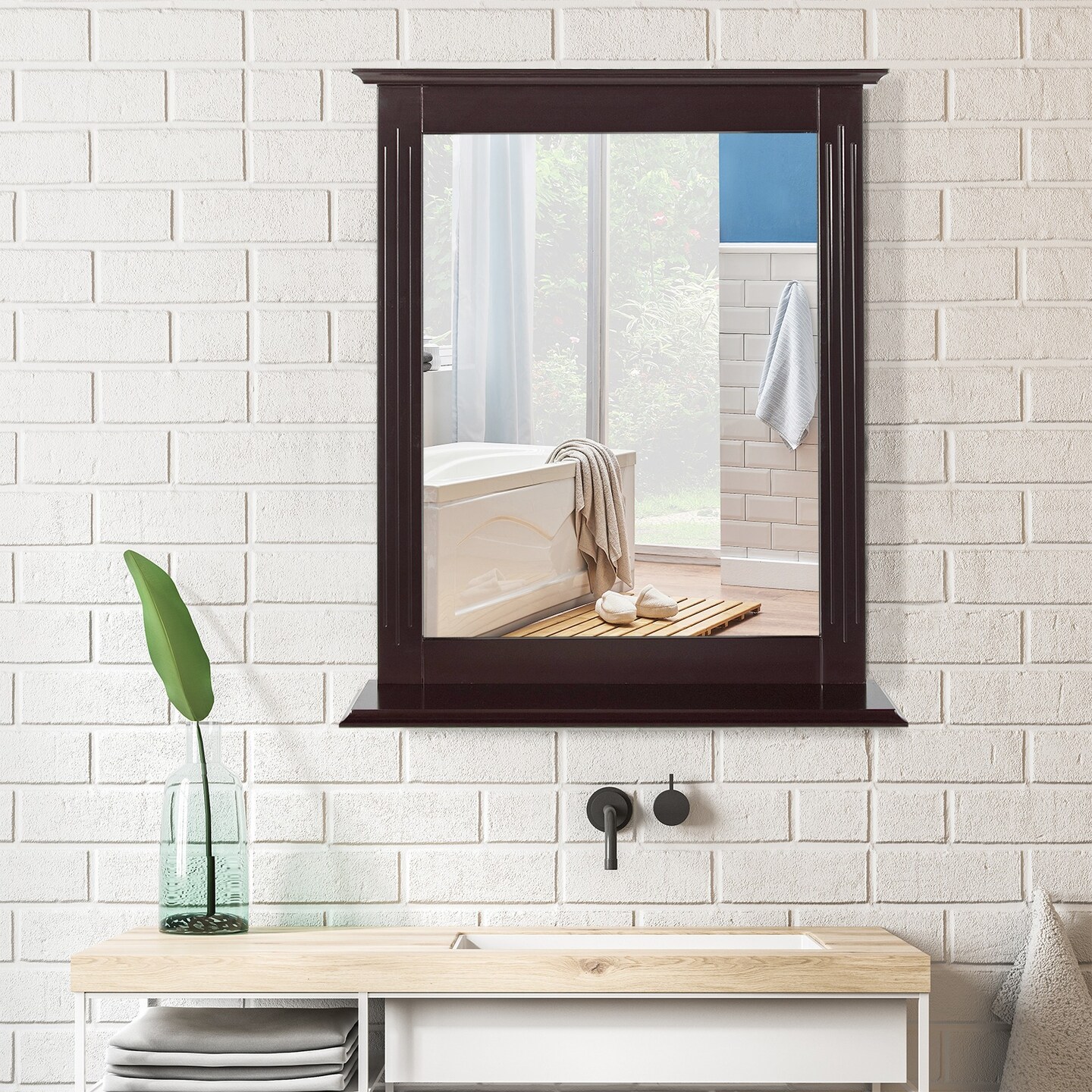 Bathroom Multipurpose Wall-Mounted Mirror W/Shelf Vanity Makeup Mirror Brown