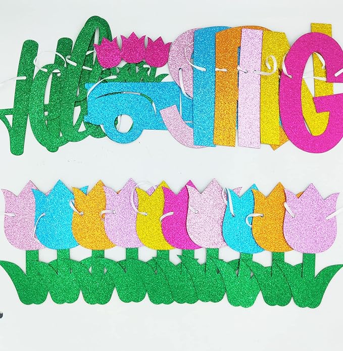 Glitter Hello Spring Banner with Tulip Truck Signs and Colorful Glittery Tulips Banner Hello Spring Tulips Flowers Garland Banner Spring Easter Birthday Party Fireplace Mantle Decorations