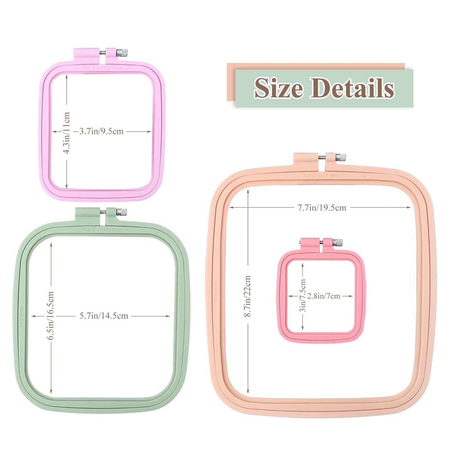 4 Pcs 4 Size Square Embroidery Hoops, ABS Plastic Embroidery Hoops Cross Stitch Hoops Embroidery Frames for Sewing, Needlework, Embroidery Projects (Size-3&#x22;, 4.3&#x22;, 6.5&#x22;, 8.7&#x22;)