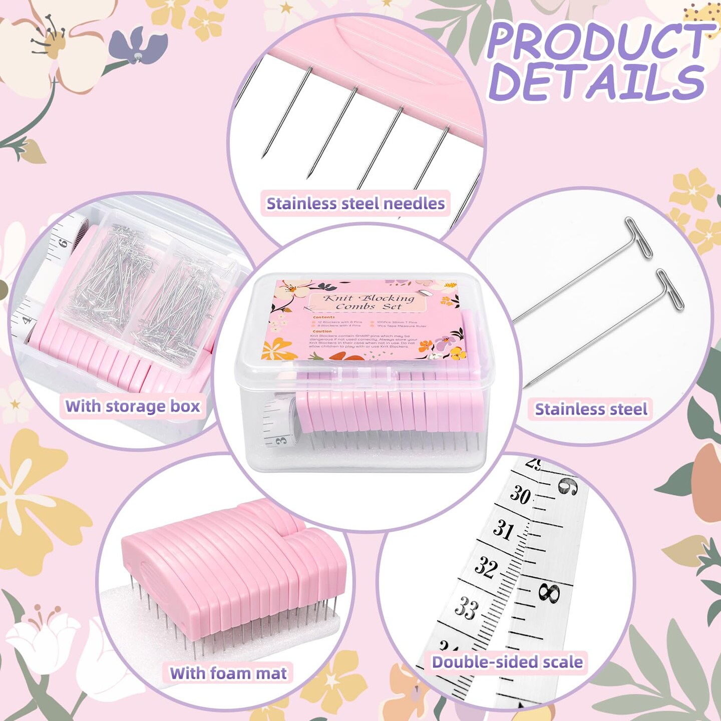 120 Pcs Knit Blocking Combs Pins Kit, 20Pcs Pink Color Knit Blockers Pins Kit, 100 T-pins for Blocking Knitting Crochet, Needlework Projects, Knitting Block Pins Tool for Blocking Mats