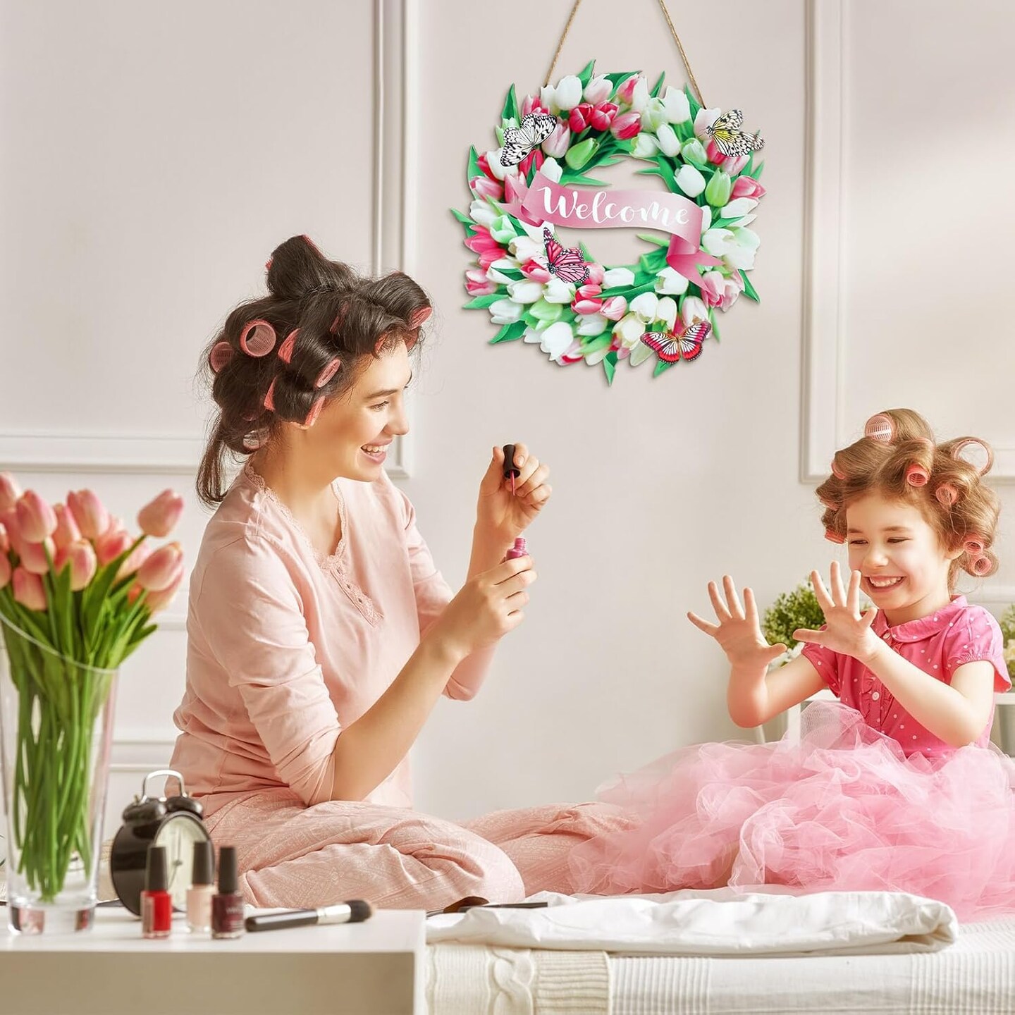 Spring Door Sign Tulips Wreath Summer Decoration 11.8" Welcome Sign Spring Flower Butterfly Wreath Wooden Front Door Hanger Home Wall Decor Farmhouse Indoor Outdoor