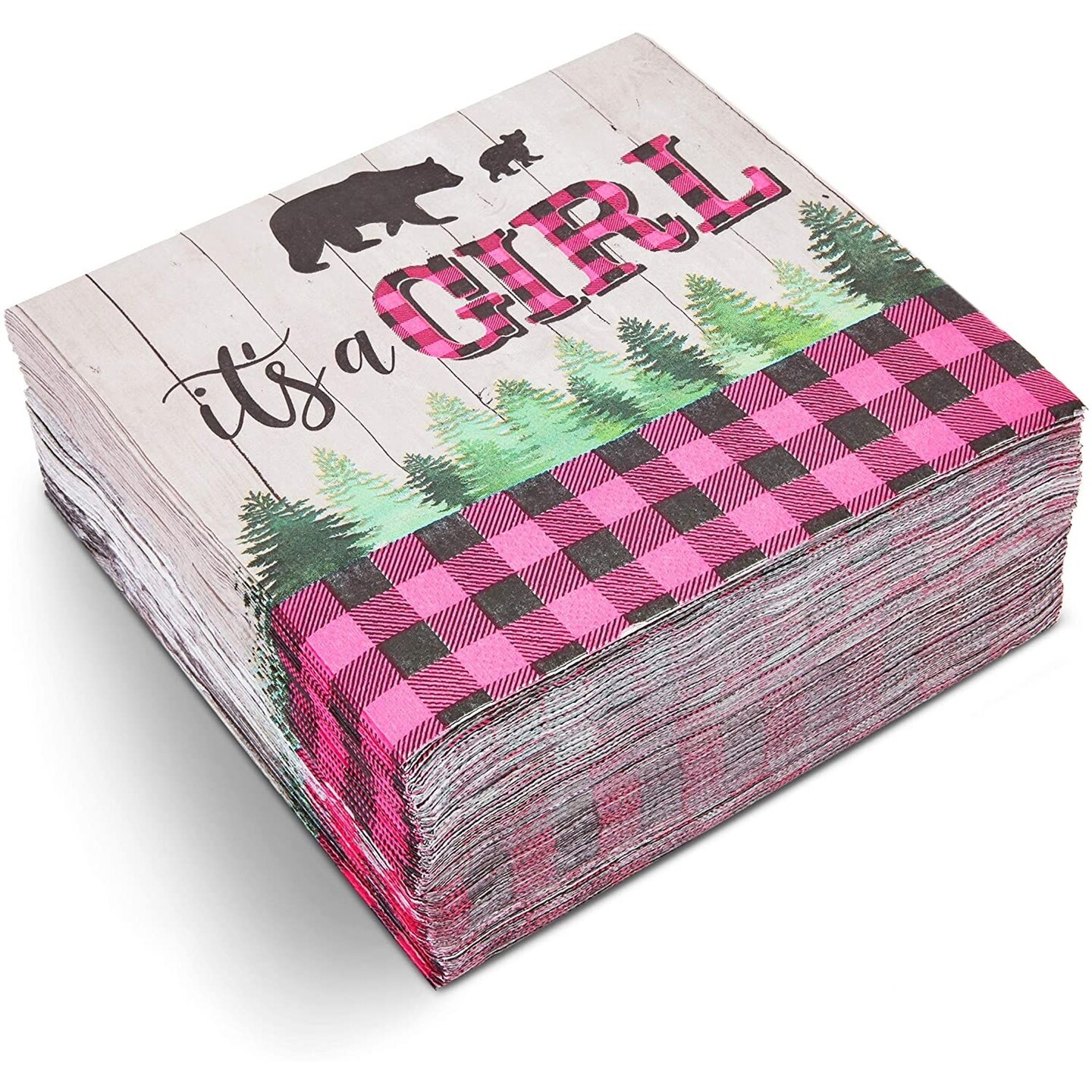 Buffalo Plaid Napkins, It&#x27;s A Girl Baby Shower (6.5 In, 100 Pack)