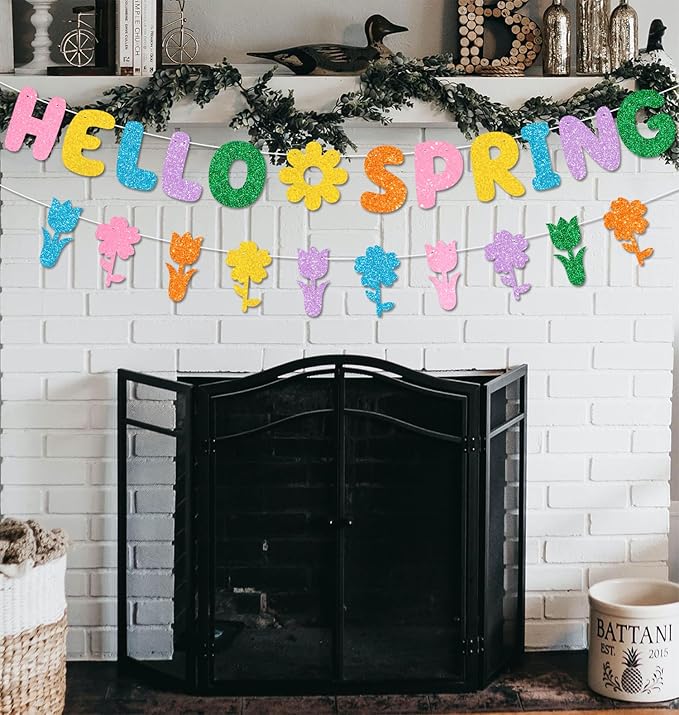 Colorful Glittery Hello Spring Banner Banner Spring Hanging Swirls Decorations Spring Honeycomb Centerpieces Decorations Spring Easter Tulip Flowers Party Banner for Ceiling Table Hanging Decors