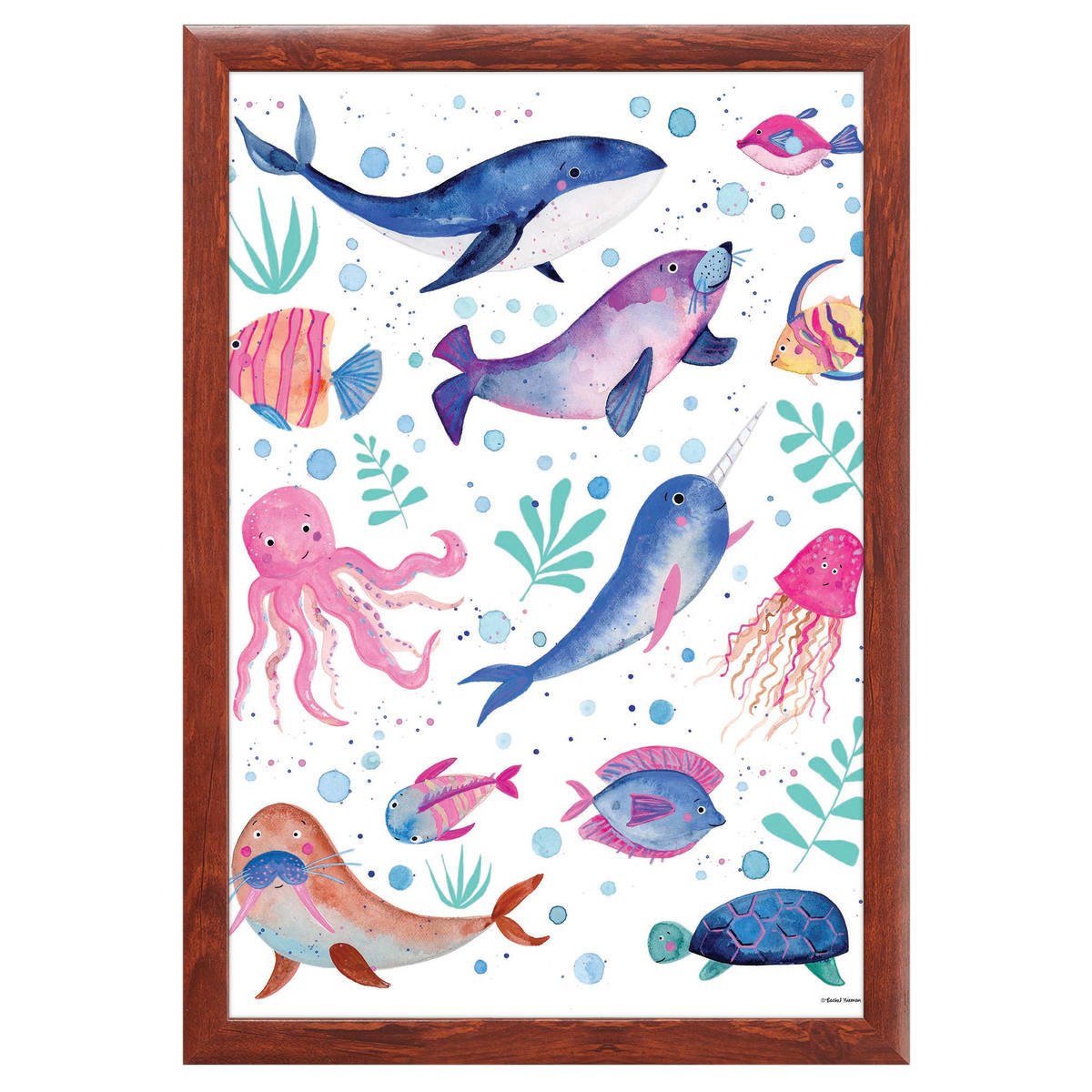 12" x 16" Cute and Quirky Nautical Animals Framed Wall Art, Contemporary Home Décor for Baby or Child's Room, Glass Facing and Hanging Hardware