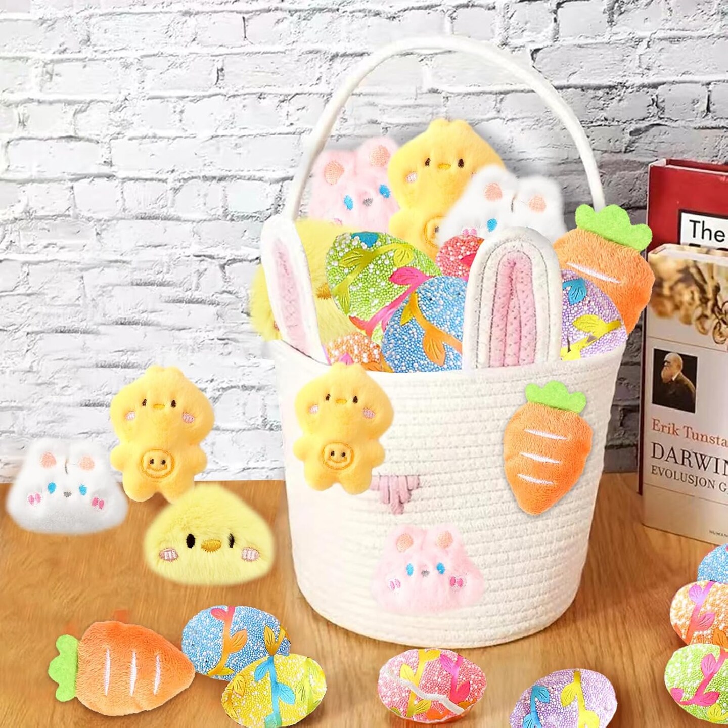 Easter Basket for Kids Easter Bunny Woven Basket with Rabbit Ears, Bunny Egg Hunting Bag with Cute Rabbit Chicken Carrot Plush Decorations for Girls Boys Spring Presents