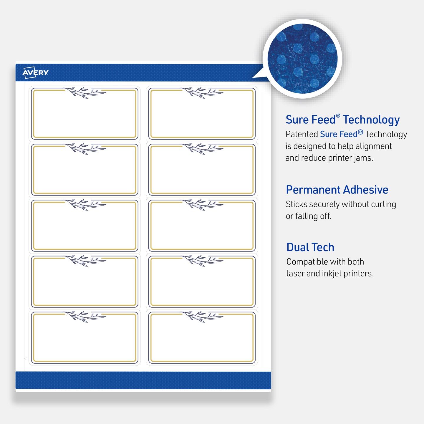 Avery Printable Rectangle Labels, Gold &#x26; Navy Border with Florals, 2&#x22; x 4&#x22;, Matte White Rectangle Labels, Permanent, Laser/Inkjet, 100ct, Great for Product Labels
