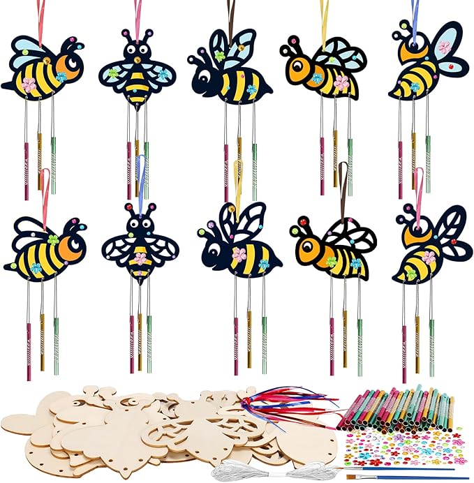 10 Pack Bee Wind Chime Kit for Kids Make You Own Honey Bee Wind Chimes Ornaments DIY Coloring Wooden Art and Craft for Insects Spring Art Activities Birthday Party Decorations