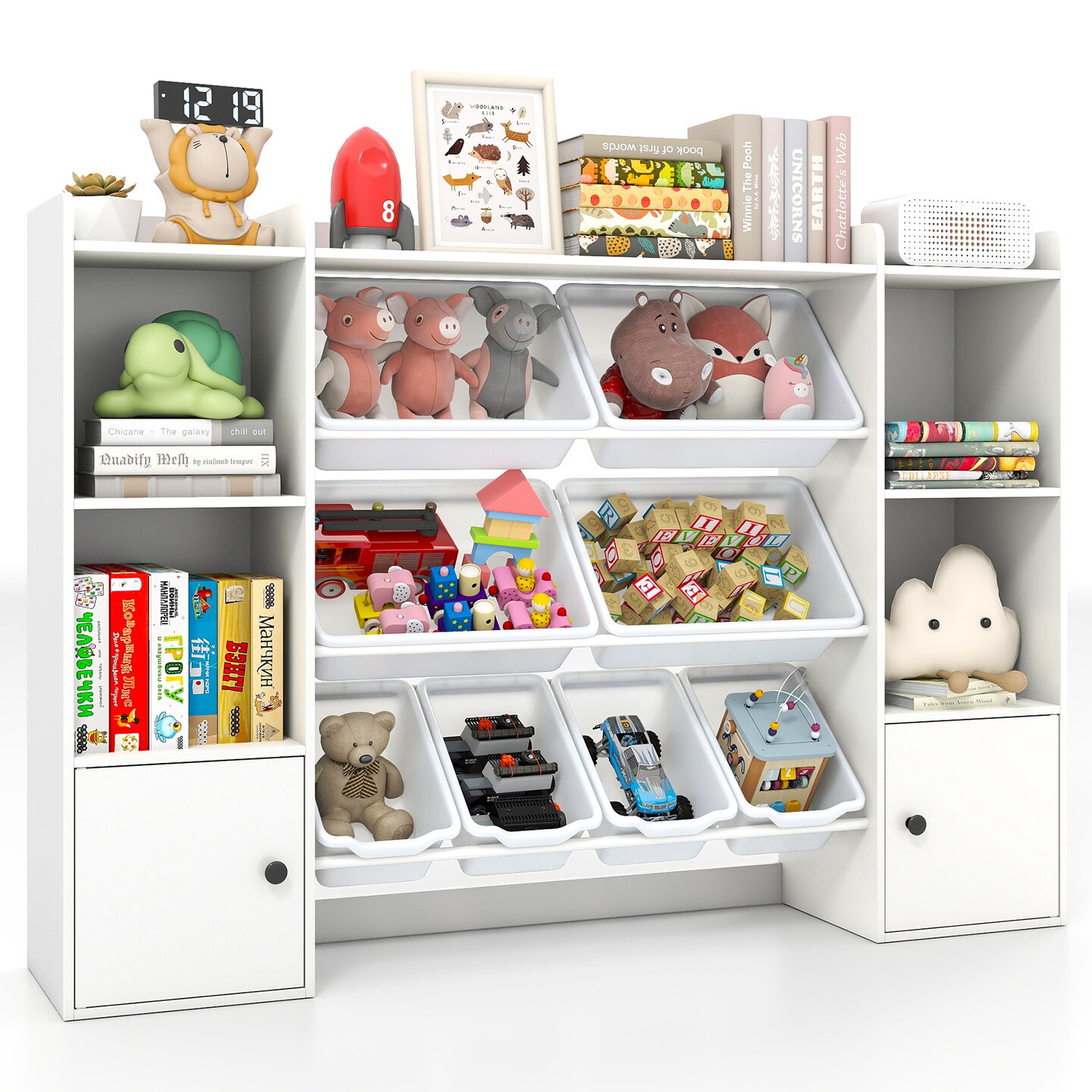 Kids Toy Storage Cabinet with 8 Bins, Open Shelves & Single-Door Cabinet Child-Friendly Organizer for Books