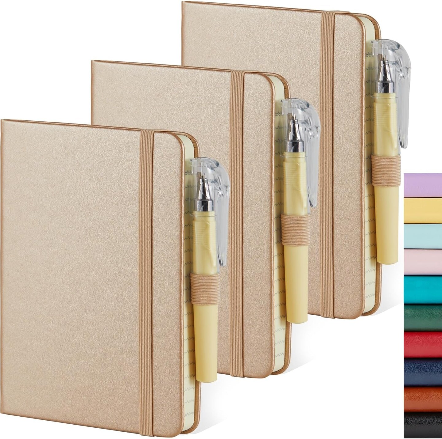3 Pack Small Notebook 3.7&#x22; X 5.7&#x22; with Pen, Mini Pocket Size Journal Notepad 100GSM Thick Paper No Bleed, 408 Pages, Note Pad Note Book for Work, Champagne Gold