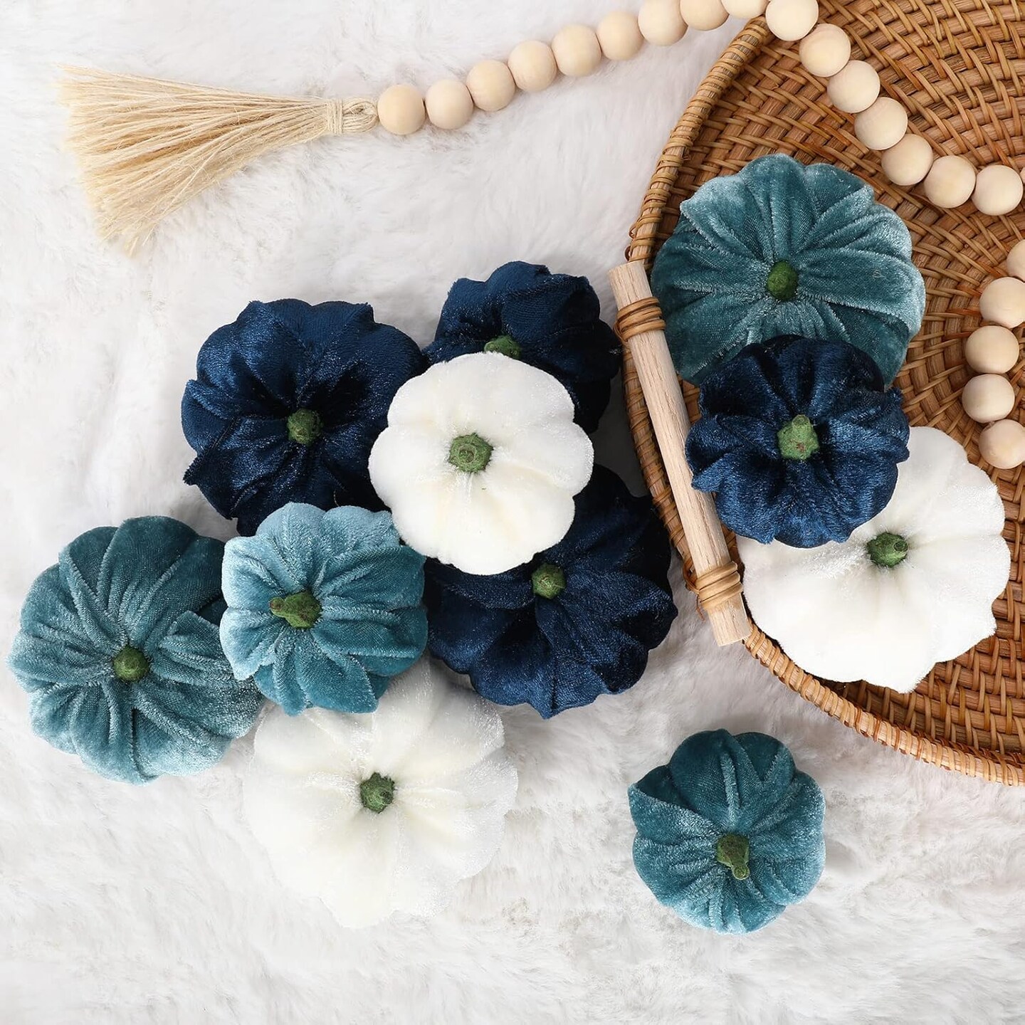 12Pcs Fall Velvet Pumpkin Blue White Artificial Pumpkins 2 Sizes Fake Fabric Pumpkin Autumn Table Centerpiece for Thanksgiving Halloween Party Mantel Farmhouse Decor