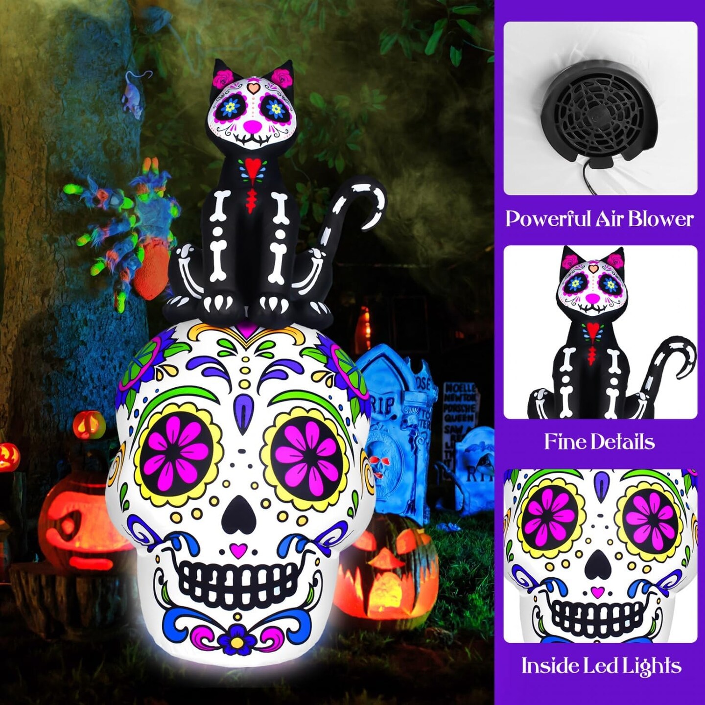 6.7 FT Halloween Inflatable Black Cat on Sugar Skull Decorations