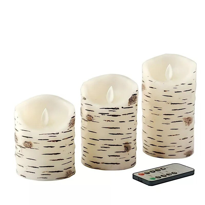 3 LED Warm White Candles Battery Operated Birch Bark Design Pillar Lights Party