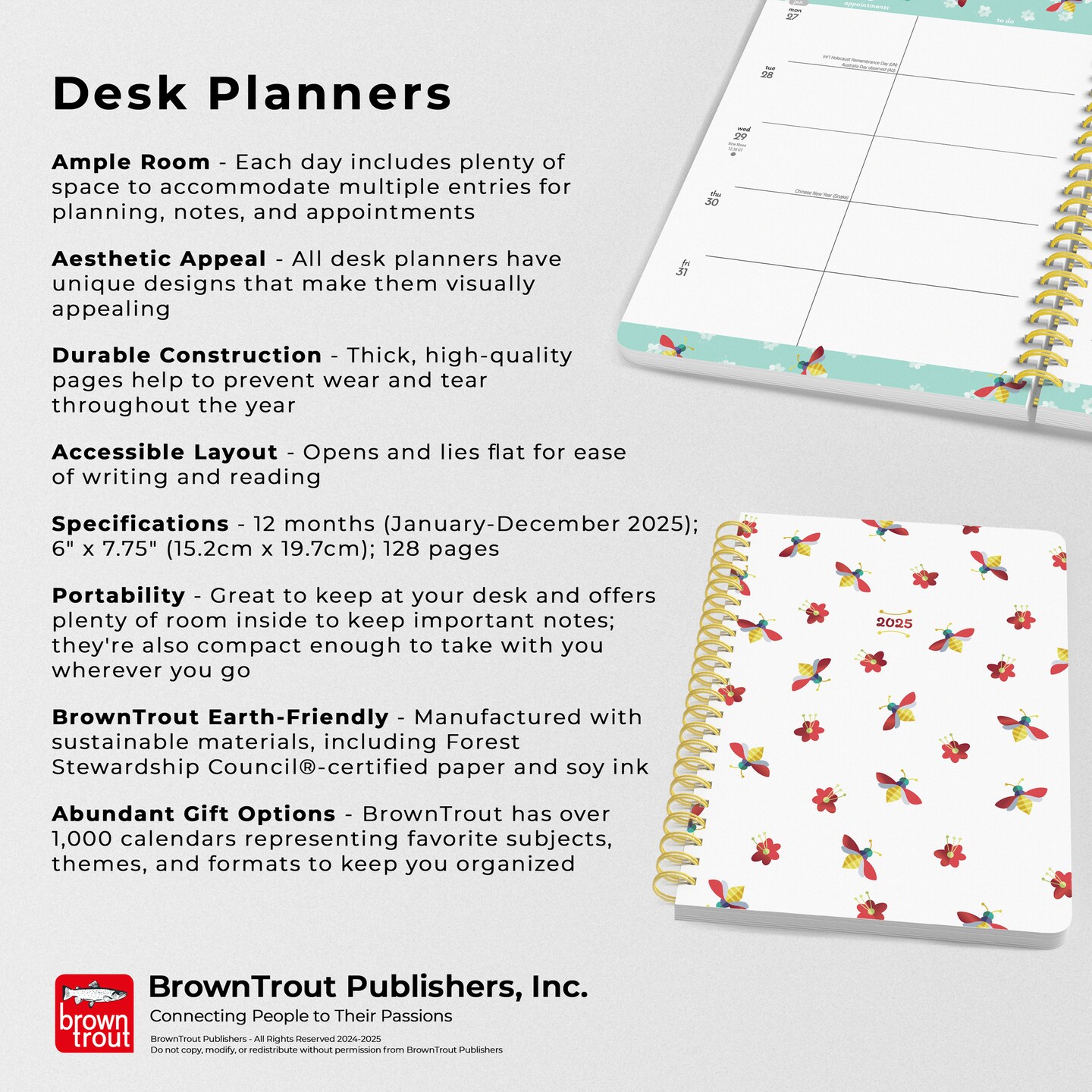 Busy Bees | 2025 6 x 7.75 Inch Weekly Desk Planner | Foil Stamped Cover | BrownTrout | Planning Stationery