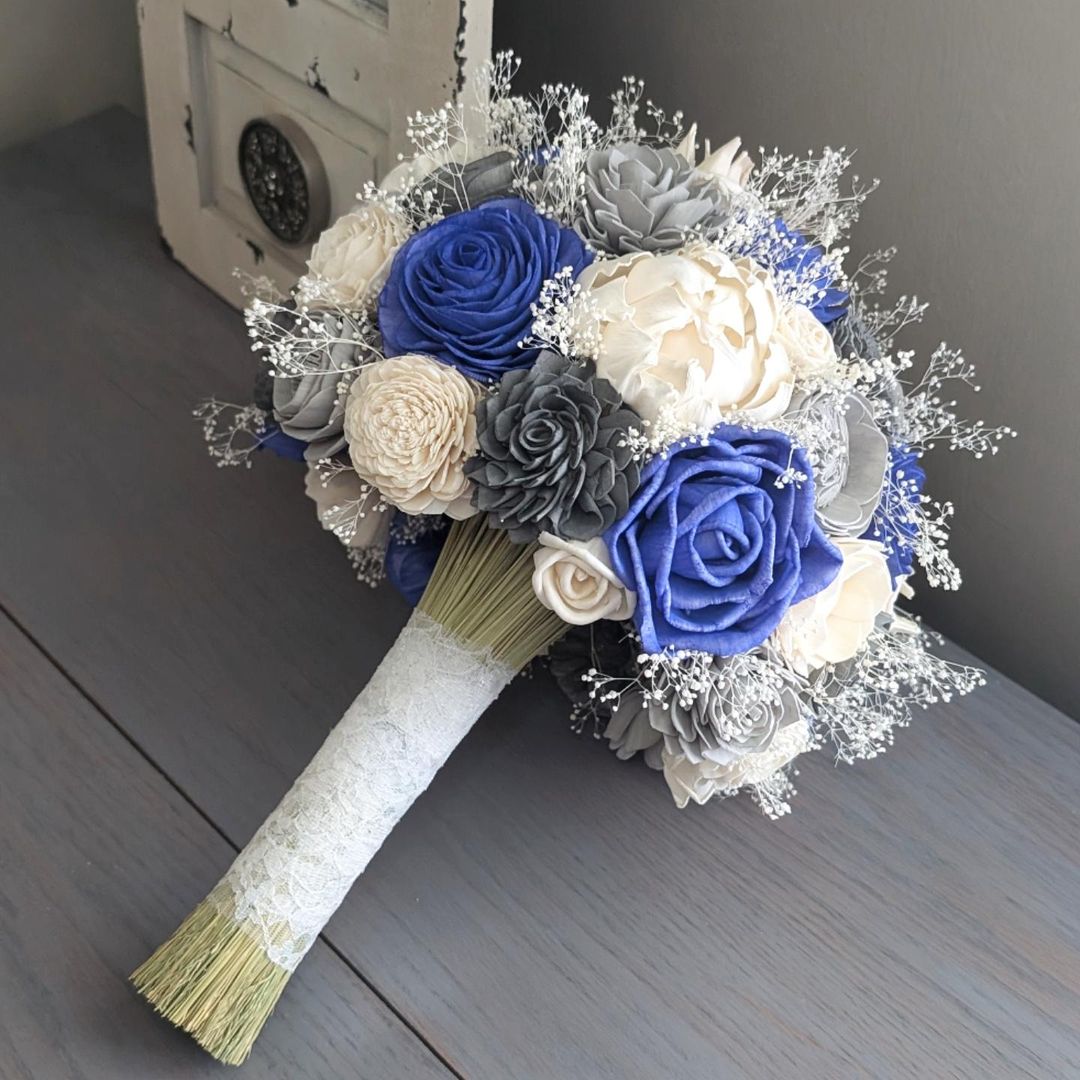 Steel blue navy and grey hot bouquet, sola wood flowers