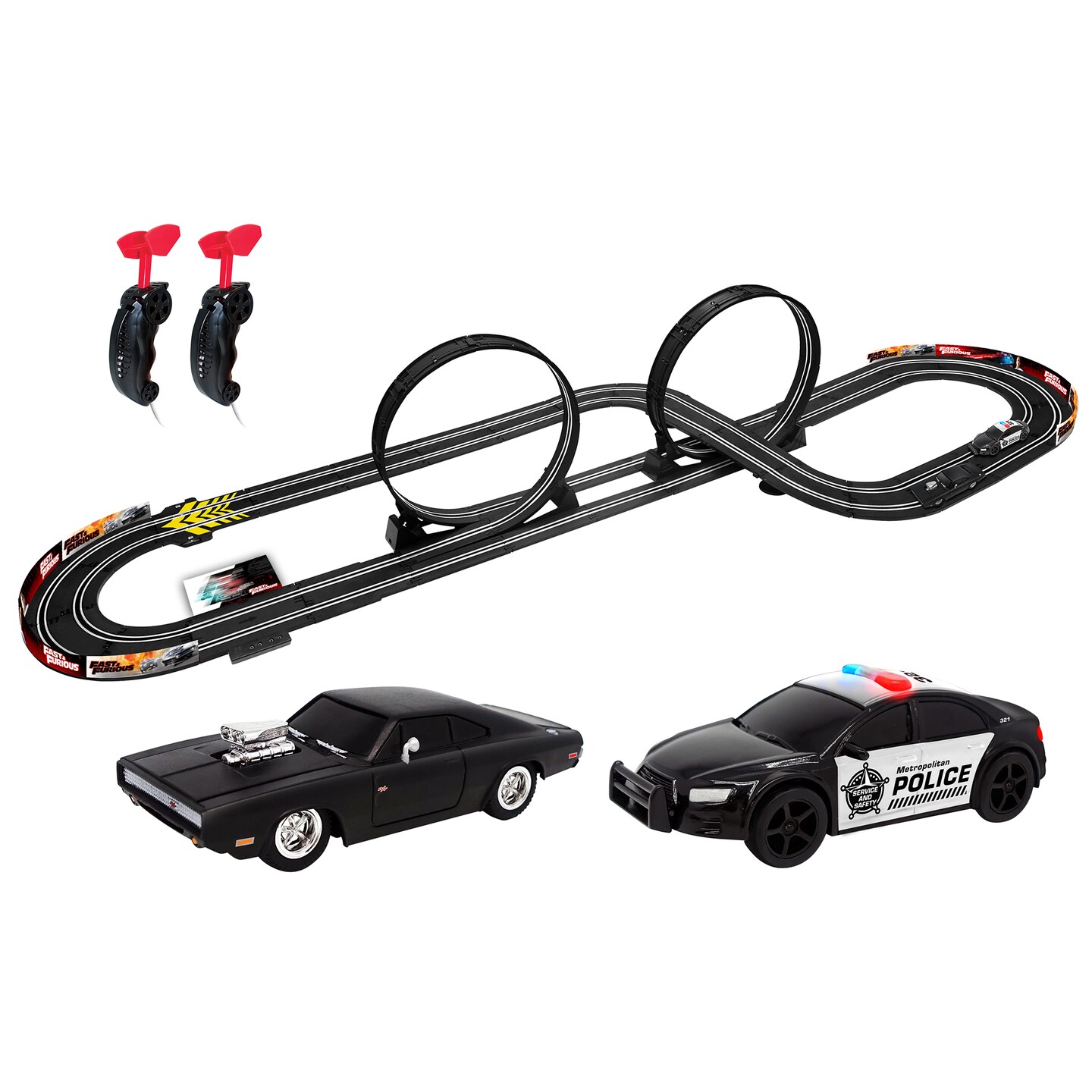 Fast &#x26; Furious: Stunt Raceway Slot Car Set- Officially Licensed, 83&#x22; x 31&#x22; Racetrack Layout, Two 1:43 Replica Cars, Two Player Race Controllers, A/C Adapter Included, Loop Action Course, Ages 5+