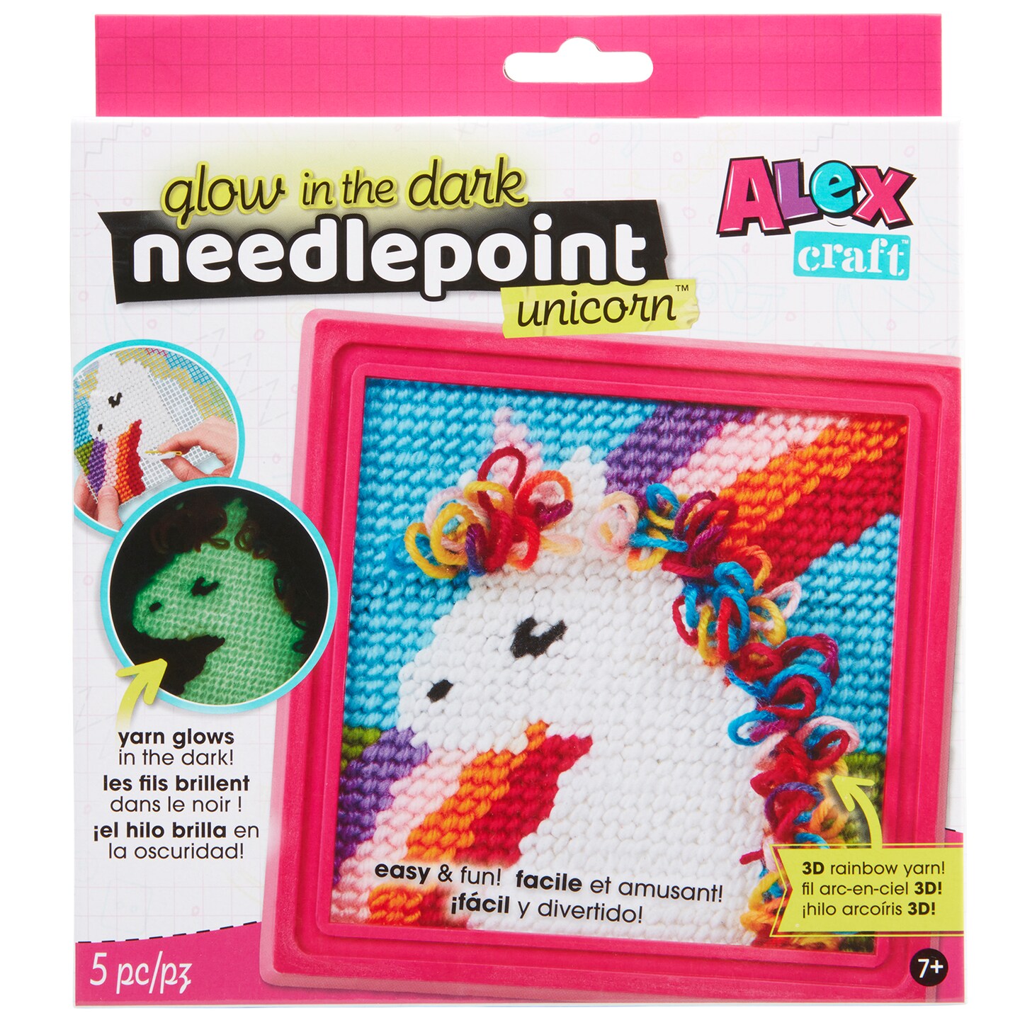 Alex: Glow-In-The-Dark Needlepoint - Unicorn &#x26; Rainbow - DIY Kit, Learn To Needlepoint, All-In-1 Beginners Embroidery Kit, Includes Frame, Kids Age 7+