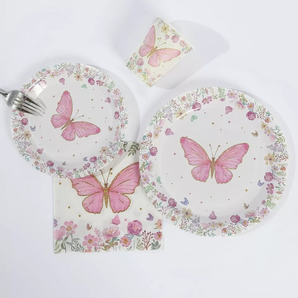 96 White Pink Butterfly Print Disposable Tableware Set Party Events Decorations