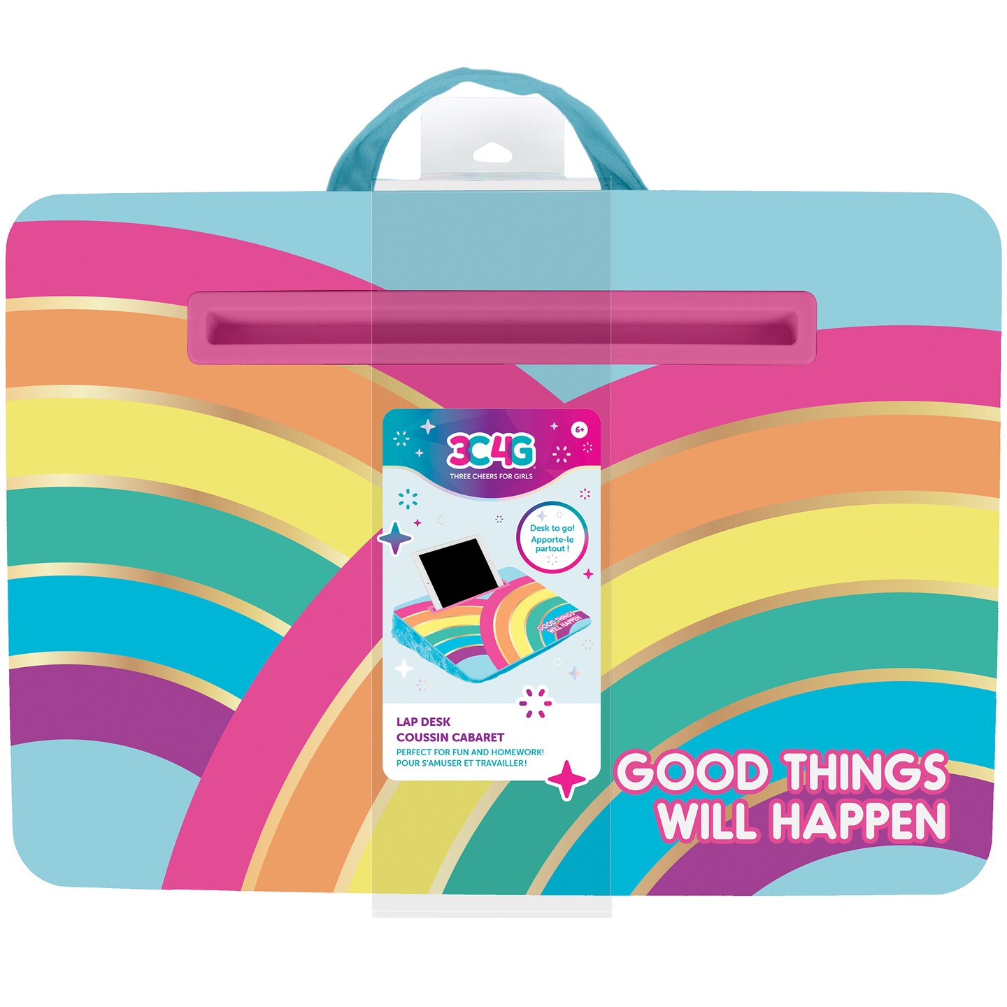 3C4G: Rainbow Bright Lap Desk - Blue &#x26; Rainbow, Make It Real, Tweens &#x26; Girls, Portable Lap Pillow Desk W/ Handle, Versatile Media Slot - 12&#x201D; x 17&#x201D;, Cozy Plush Cushion, Perfect For Fun &#x26; Homework, Three Cheers For Girls, Kids Ages 6+
