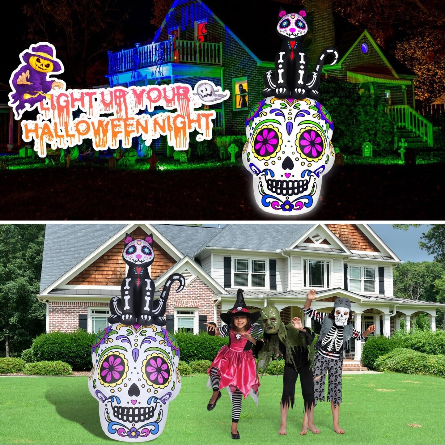 6.7 FT Halloween Inflatable Black Cat on Sugar Skull Decorations