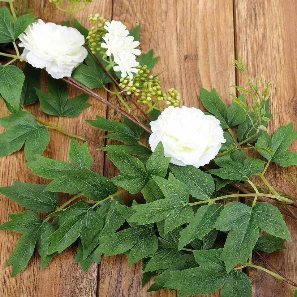 6 ft long Silk Peony Flowers Garland with Leaves and Bendable Wire Vine Party