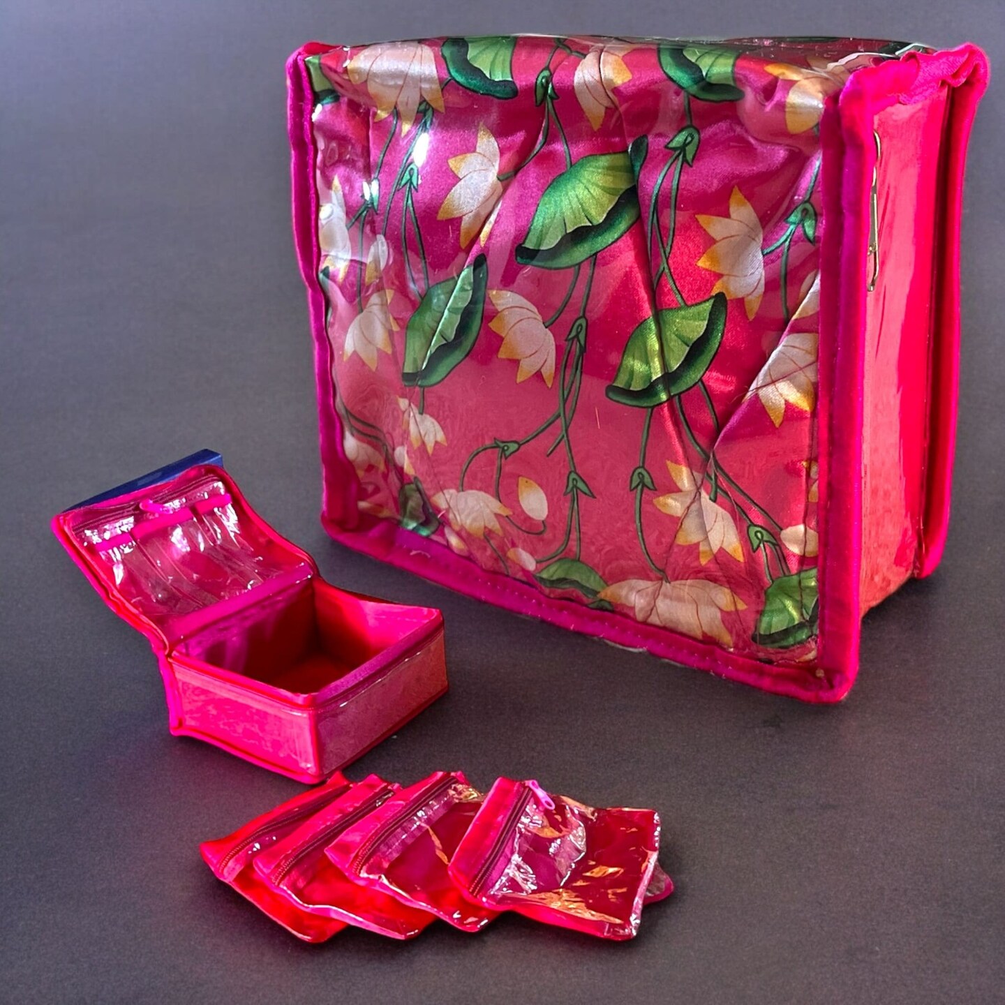Lotus Print Indian Jewelry Box Satin Pouches Jewellery Traveling Organizer Storage Bag with 4 Transparent Pouches Indian Wedding Favor Bridesmaid Gift
