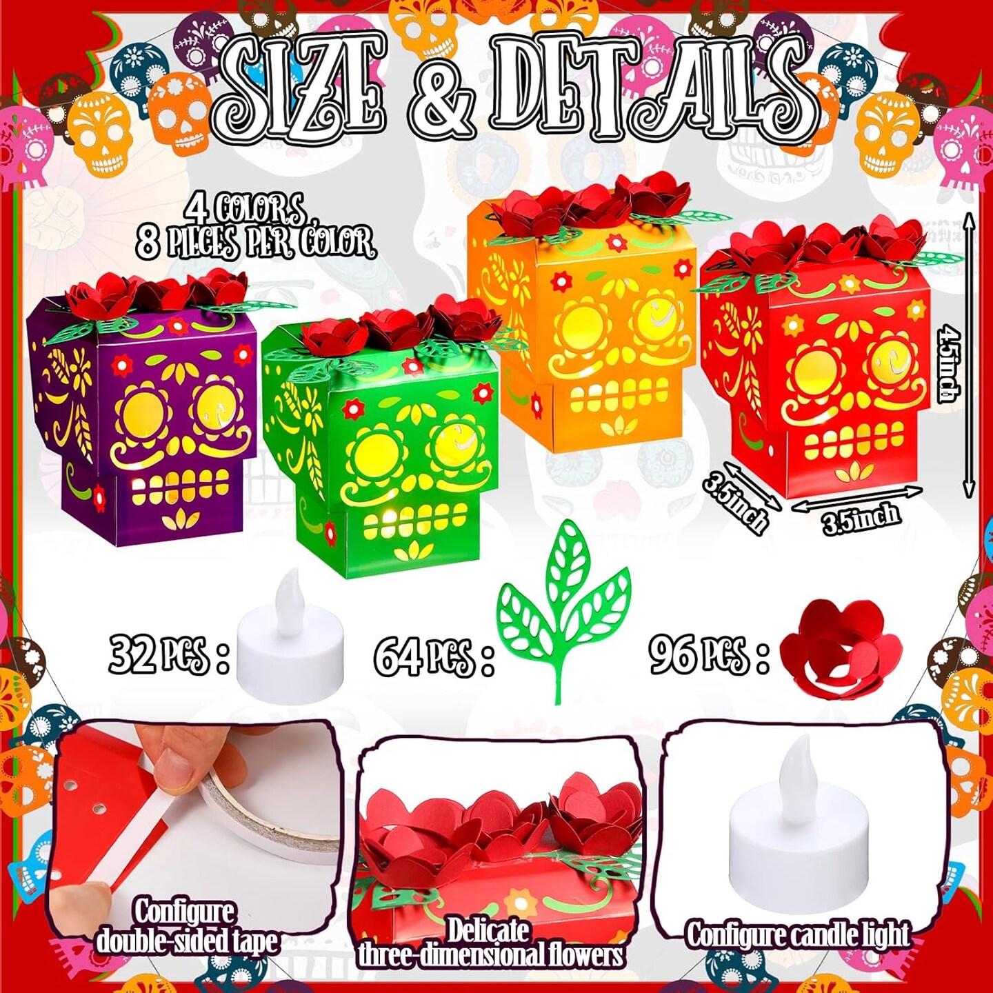 32 Sets Dia De Los Muertos Luminary Bags Lanterns with Flameless Tea Candle Halloween Day of The Dead Paper Treat Bags Flame Resistant Candle Box for Dia De Los Muertos Party Decorations